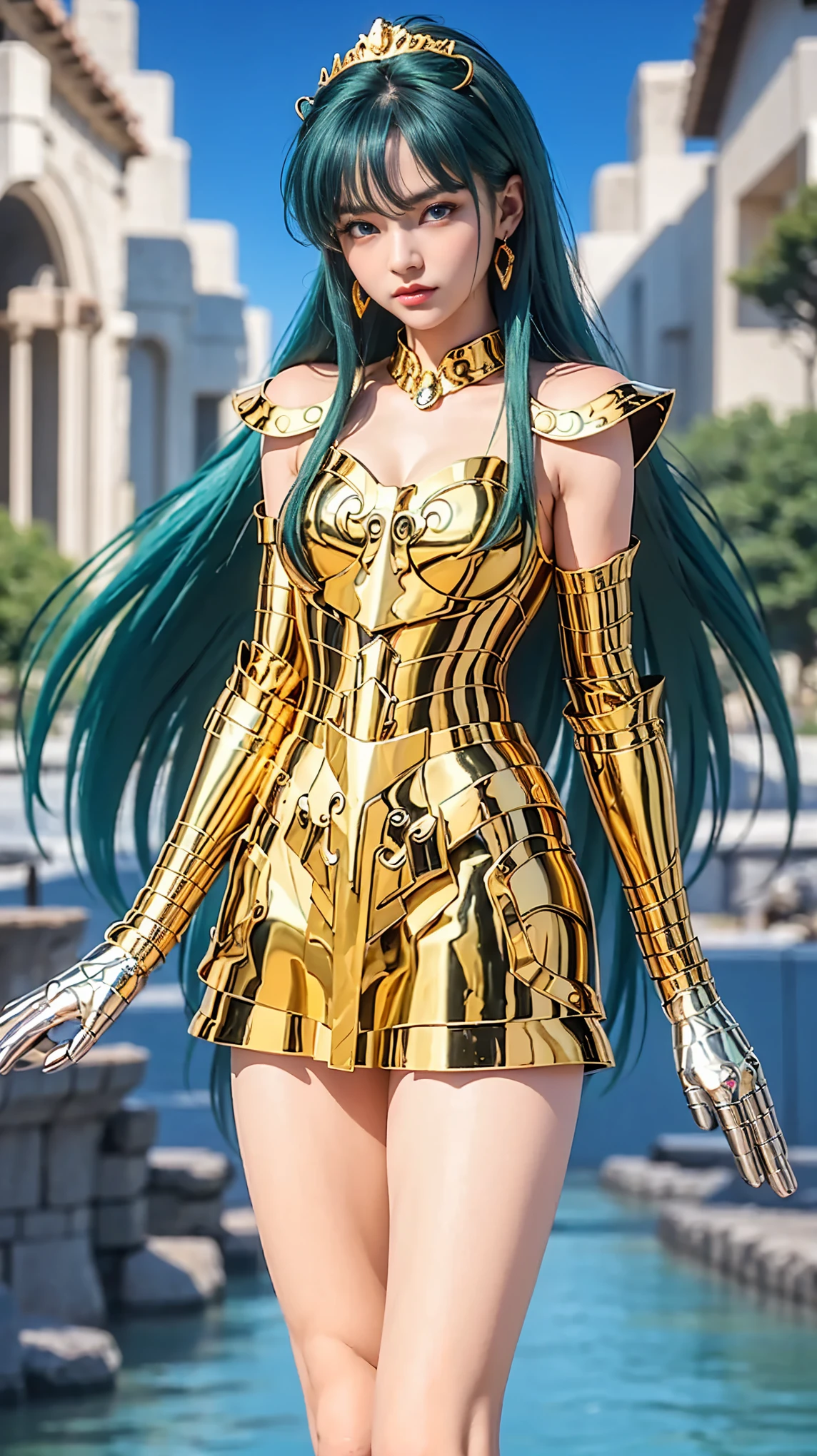 Adorable, Beautiful, Lovely, Russian baby face, Masterpiece, 8K, Best Quality, Intricate Details, Ultra Details, Ultra High Resolution, (Makeup: 0.4), (Fluffy Blue Eyes: 1.21), ((Full Body)), ((Muscles: 1.1)), ((Daytime: 1.3)), Standing, HDR, Ultra Detail, EF 24-70mm f/2.8L II USM, Best Quality, High Quality, 1 Girl, Japanese Girl, Cute, Beautiful, Charming, (Collosal Big Breasts), 20 Years Old, ((bluish-purple hair, bluish-purple eyes)), sailor pluto cosplay, professional cosplay, green hair, long curly hair, tiara, gold tiara, gold armor, shoulder armor, gold chest plate, gold arm armor, metal armor, logam armor, mountain river background, realistic