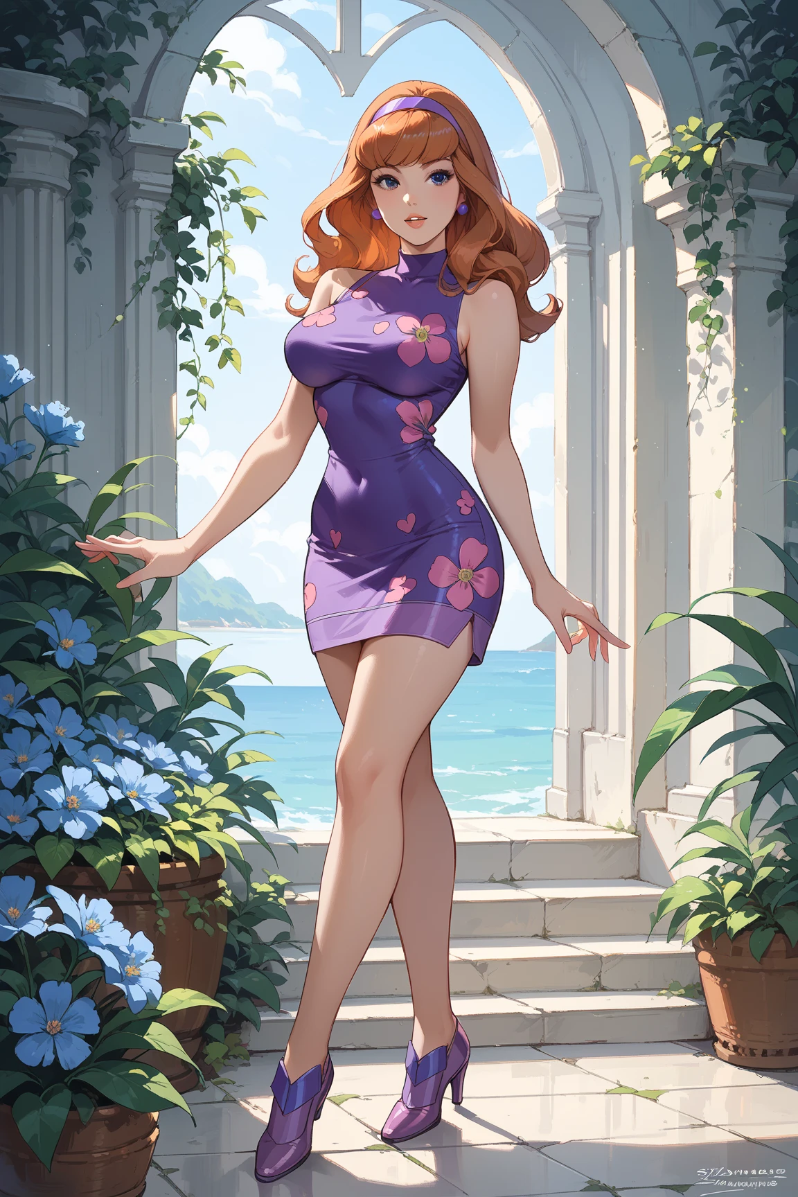 1woman, long curly pink hair, summer hat, make-up, blue eyes, sunglasses, red lipstick, serene face, yellow necklace, white summer dress with red heart print, yellow bracelet, red sandals, big breasts, big ass, flowers garden background