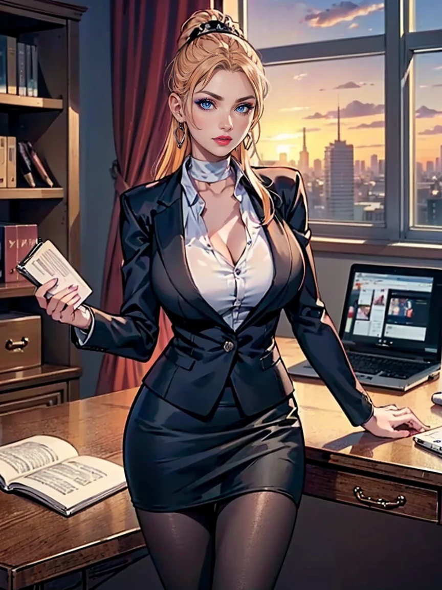 (​masterpiece), (top-quality), sunset, natural lights, ,(realistic:1.5), Stunningly beautiful Margot Robbie as an office lady working in a croded office,unbuttoned_office_lady_jacket, unbuttoned silk shirt, bra, necklace, perfect detail, perfect fingers, perfect limbs, impact, (shiny skin) , long hair, (blonde_hair), tanned, (bright shot:1.1),masterpiece that captures the essence and beauty of the woman, ((cleavage)), cleavage, sexy, sensual, dark blue eyes, determined expression, sexy pose, athletic, looking at viewer, eye contact, indoor, detailed modern day office in background, neon lights, dynamic pose, action pose,alluring, seductive_pose, neon lights, cleavage, athletic body, medium breasts, upper body, mid shot, masterpiece, detailed, mature, bright colors, high saturation, stunningly beautiful girl, precise hands, seductive smile, inviting expression, love, happy, Clear eyes, Shining eyes,, ultra-definition, Top resolution,  soft lightning