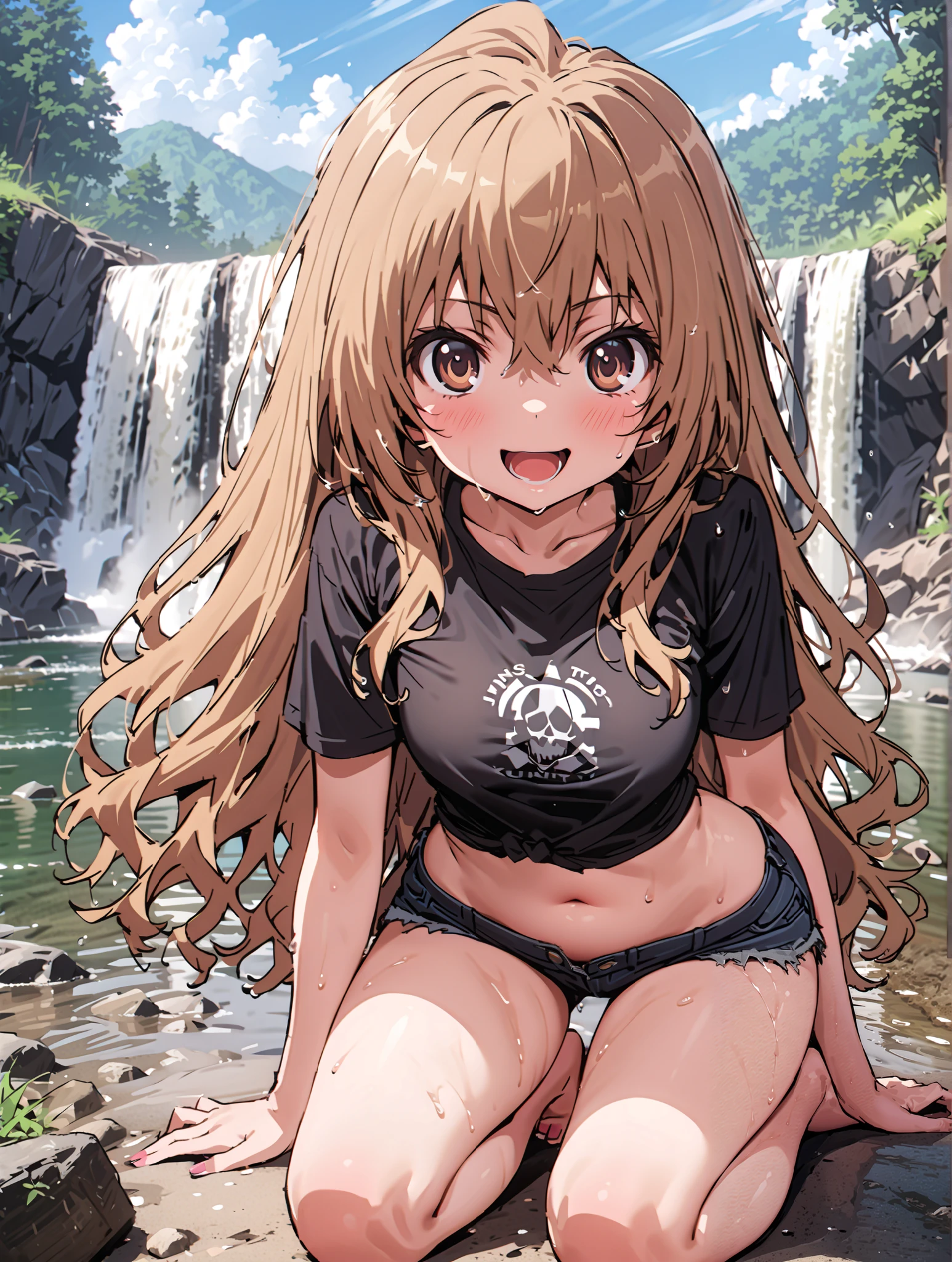 score_9, score_8_up, score_7_up, source_anime,
Taigaisaka, Aisaka Taiga,Alone, long hair, brown hair, brown eyes,ponytail,smile,open your mouth,Black T-shirt,belly button sticking,Tie the hem of the shirt,denim micro shorts,Bare legs,wet skin,wet hair, wet clothes,in line of sight,river,Mountain,forest,waterfall,river遊び, playing in the water,full bodyがイラストに入るように,
break outdoors, nature,
break looking at viewer,full body,
break (masterpiece:1.2),top quality , kampala, Unity 8K Wallpaper ,(shape:0.8),( fine, beautiful eyes :1.6),It's a person ,full body写真,CG Details , (perfect hands with full nudity, complete anatomy),