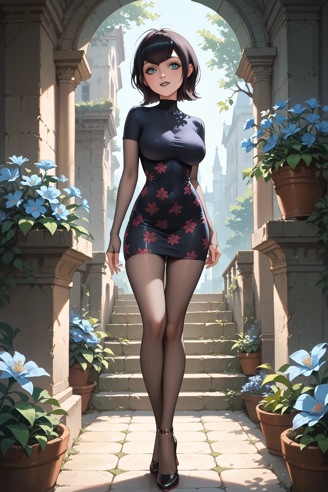 A woman in a sophisticated and elegant white dress., black fur, pigtail hair buns, yellow eyes, walking in a garden of a modern house, smiling, white heels, big breasts, Perfect face, perfect hair, garden with trees with medieval wall, blue sky.UHD, Masterpiece, necessary, anatomically correct, textured skin, super detail, high quality, Best Quality, 8k, high resolution, Bokeh effect.(solitary woman)