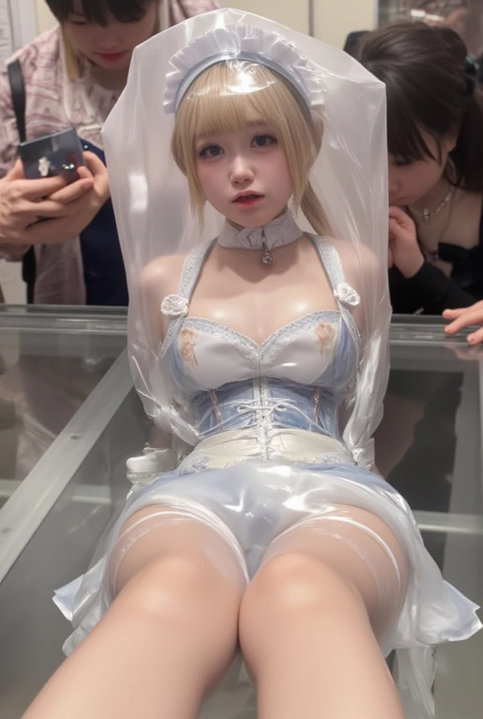 ((alice margatroid)), ((touhou project)), cosplay, ((Blonde)), ((bobcut)), (bangs)), (Headband)))), ((Thin lips)), ((Blue skirt)))), (White cape))), (Middle chest), (Light clothing)))), ((navel)), (suspending)))), (Devil's smile)), ((((factory))), 18-year-old female model, (((Little dolls)))