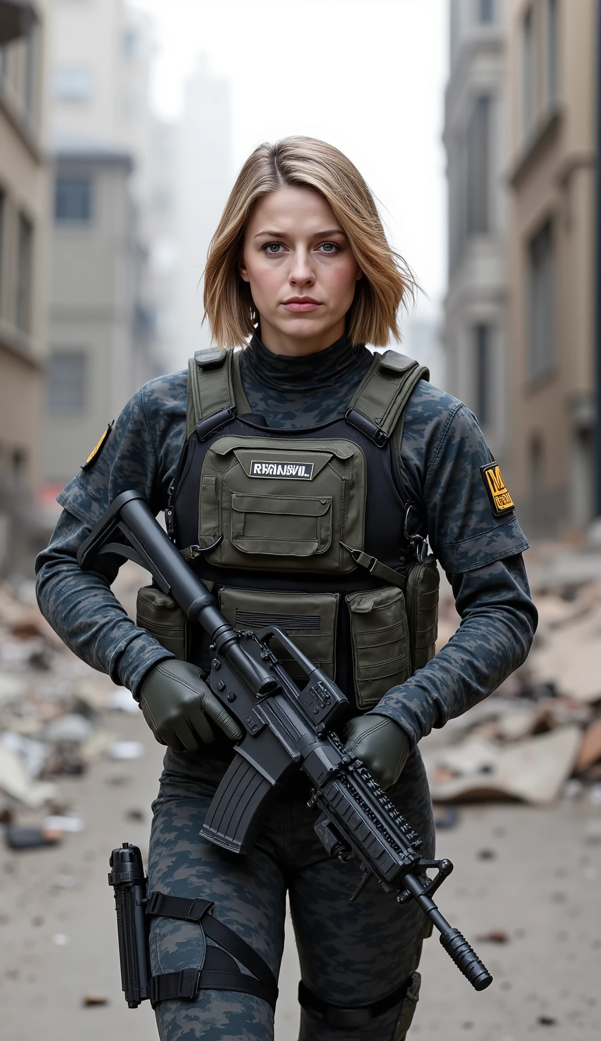 A beautiful and elegant young woman, serving as a distinguished officer in the army, moves forward with confidence and authority through the war-torn urban battlefield of a European city. Her sharp, focused gaze scans the area, displaying tactical awareness and discipline, embodying both grace and strength under intense combat conditions. Her striking facial features reflect determination and resilience, making her presence a powerful symbol of leadership and courage on the front lines.
Her blonde hair, cut in a stylish bob, is neatly maintained, peeking out from beneath her high-tech communication headset, which keeps her connected with her squad. She wears an advanced urban camouflage tactical uniform, designed for modern city warfare, blending shades of gray, black, and muted blue tones to match the concrete ruins and industrial landscape of the battlefield. The uniform is practical yet fitted, equipped with reinforced armor plates, tactical straps, and multiple gear pouches for maximum efficiency in combat situations. Her rank insignia and name tag are displayed on her chest, marking her as a respected and skilled officer.
She firmly grips a modern military rifle, equipped with a holographic sight, suppressor, and tactical grip, built for precision in fast-paced urban combat. The weapon is held with expertise and readiness, reflecting her combat experience and strategic mindset. Her posture is strong and composed, moving with purpose and control, leading her unit through the chaotic battlefield.
The background is a devastated European city, with collapsed buildings, abandoned vehicles, and smoldering wreckage creating a dramatic war-zone setting. Dust and smoke rise from the distance, while the echoes of gunfire, distant explosions, and military radio chatter fill the air. Narrow alleyways, broken glass, and debris-littered streets add to the intensity of the urban battleground, emphasizing the high-risk nature of city warfare.