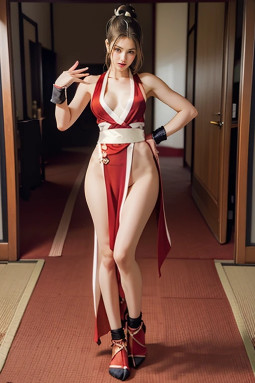 best quality, masterpiece, high resolution, 1 girl,,Sexy red bikini underwear, Bikini with gold pattern, high cut briefs, perspective, Sci-fi style, Very large white priest's cloak, white priest hat, The priest's hat has intricate patterns, sexy dress, super huge , long hair, long legs, put on boots, standing posture, Facing the audience, hide hands, Korean woman beautiful face, Smiling role play