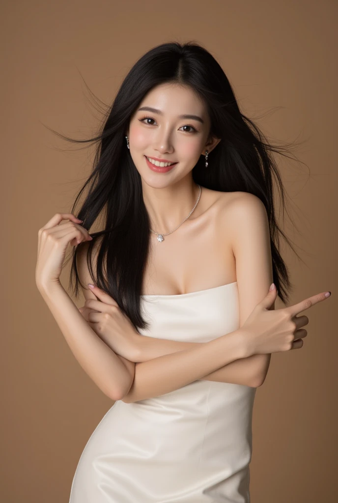 1 female,18-year-old,(numerical portrait:Mayu Yokota, Yuko Araki),black eye,beautiful face,(thin skeletal surface+delicate features、),very detailed face,(delicate Japanese makeup), black eyelash curls for long hair,(messy and layered, by bangs), smile,Please look into the camera,fair and smooth skin,(optimal skin type:1.21),(clavicle:1.2),slim fit suits for women,V neck white short shirt,(deep v neck,big breasts),short hip wrap skirt,(realistic close-up photo of woman),thin waist、long legs,(slim body shape),street,((Hasselblad Photos)),surreal pictures, Physically based rendering,professional lighting,exquisite details,detailed face,the picture is pure,perfect hands,perfect posture,ultra fine makeup,ultra-fine clothing material、live action、smile and stand up straight