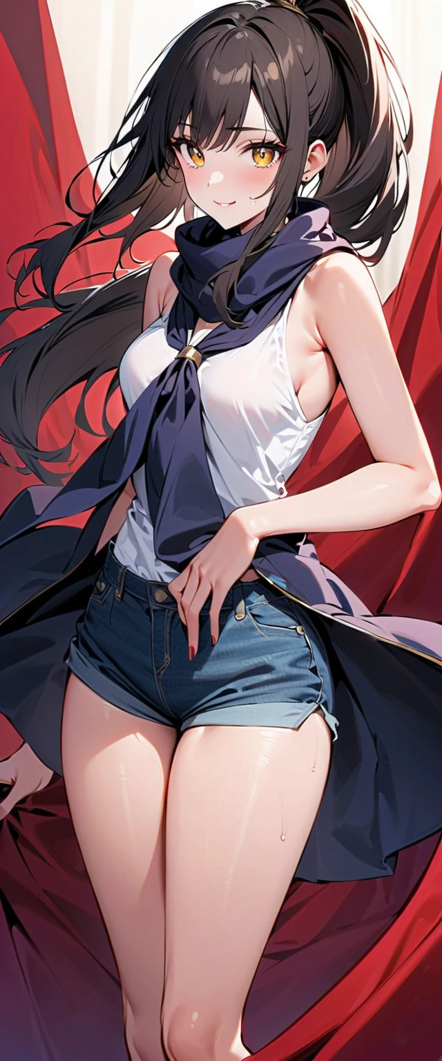 A cool girl with a sword, belly button exposed, thin legs, calf-length socks, boots, attacked from behind by an enemy, screaming with her eyes closed, sweating
