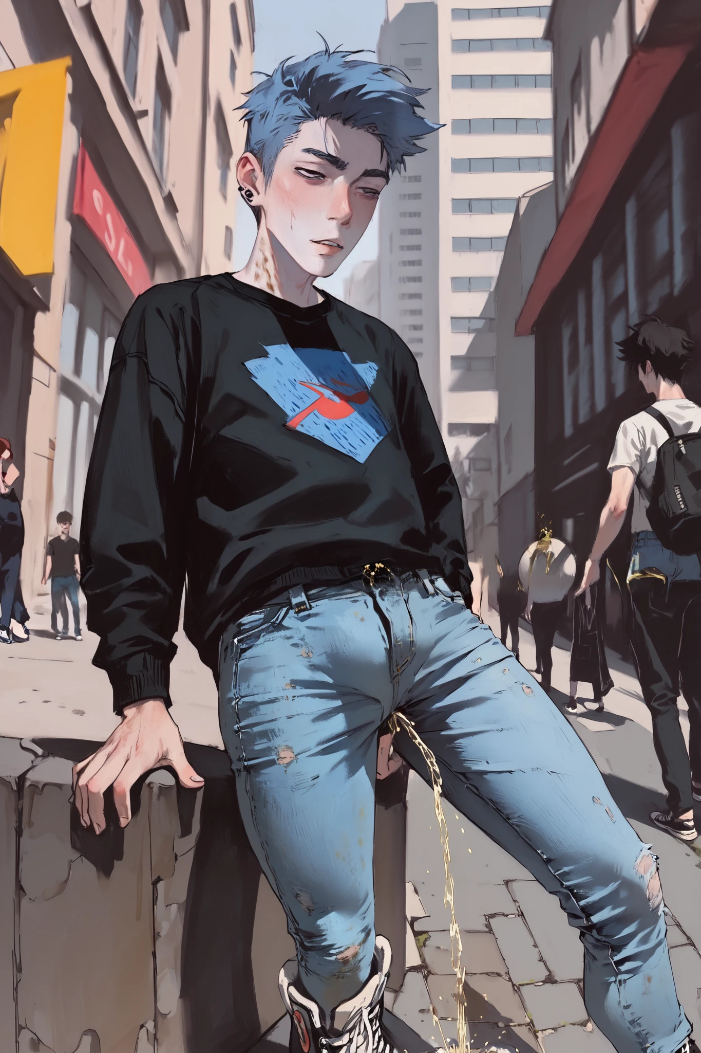 Slim boy 1boy, wearing black tee shirt, (a pair of light blue washed-out skin tight leggings jeans:1.5), converse (dirty knee high sneaker-boots x-hi1.8), (legs spread, medium length), (front view), he too lazy to use bathroom (peeing self:1.8), (pee stain:1.2), (peeing:1.8) (dynamic angle, standing pose:1.2), outdoors, (have to pee) Close-up on pants.  
