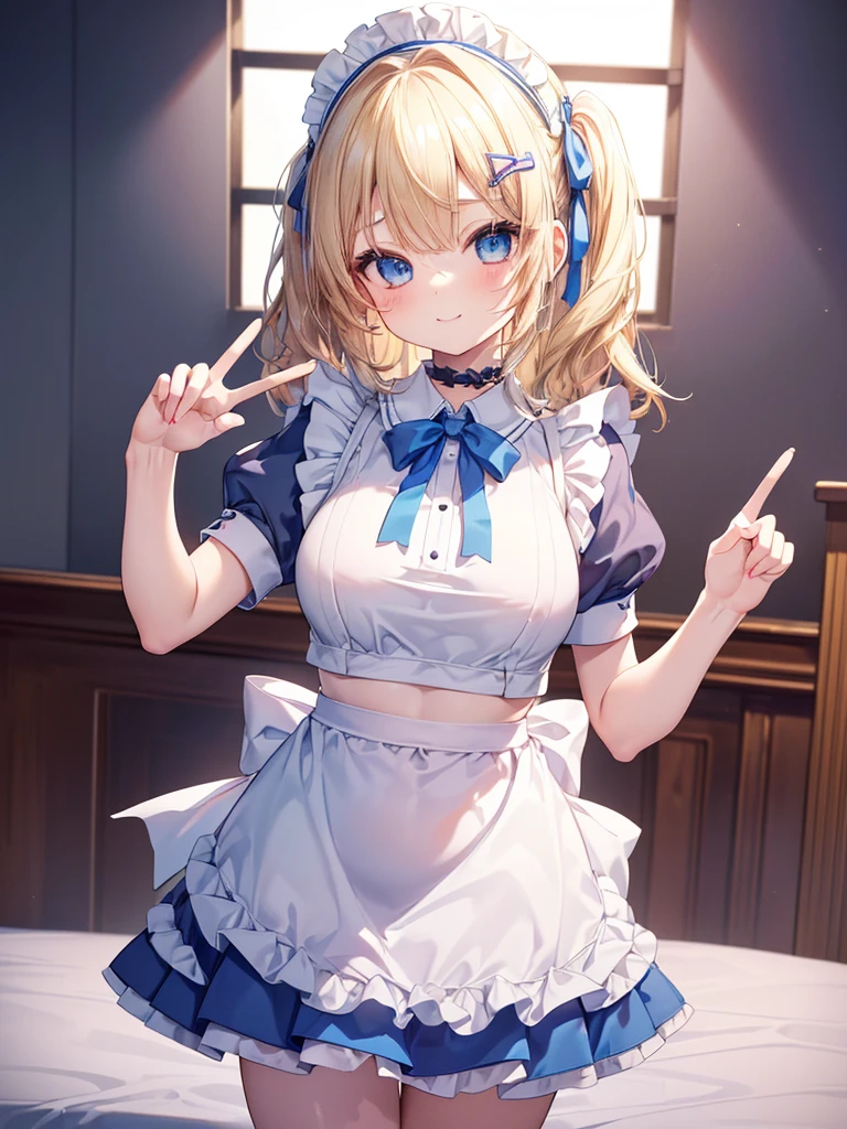 solo girl,20 years old, medium hair,twintail hair,blue ribbon,looking at viewer,dark blonde hair, blue eyes, large breast,happy,smile,maid costume,cleavage,mini skirt,long sleeves,indoors,western style mansion,Best Quality, High resolution, Extremely detailed, Detailed background, Perfect Lighting