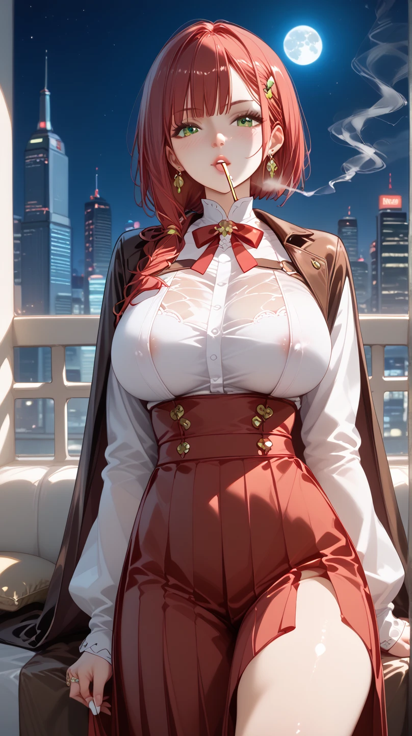 ((masterpiece、high quality、High resolution、4K, 8K, Blue archive official art、live-action)),detailed person、detailed face、detailed eyes、fine eyes、 (dripping sweat、oil skin,sparkling skin、realistic skin texture、detailed beautiful skin、shiny skin, big breasts、beautiful thighs, mature pretty woman、transparent eyes、sexy、(slender body and limbs,), (random pose) , ((clear eyes、double eyelid、big breasts))、((character : Karin Kakudate Blue Archive))、ぶら下がるbig breastsがシャツから見える、brown coat with fur、night scenery、night room、dark、lights out、grayscale:27、full of embarrassment、blush、bright red face、shy、((slender、beautiful feet、low length))、standing pose、((steam,sweat,wat))、(black leather high waist slit skirt、spread legs),((white of eyes:1.8, shocked face:1.8, comical))、bright red bed、With a bewitching smile、