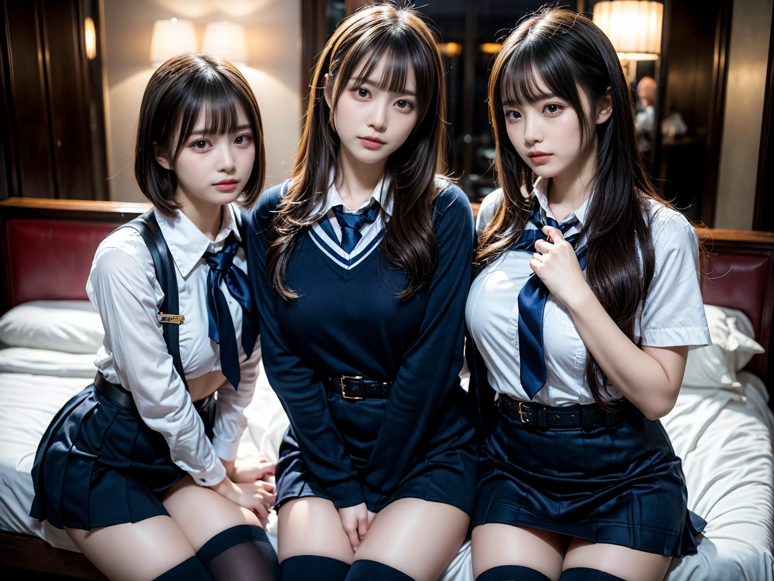 (8K, Raw photography, top-quality, ​masterpiece:1.2), master piece, best quality, illustration, Super detailed, fine details, High resolution, 8K,wall paper, perfect dynamic composition,(Details High quality, realistic depiction of eyes:1.3), ((2 girls, 2 schoolgirls)), The background is a luxury hotel room、High school girl uniform、blazer 、Super Short Check Uniform Skirt、Navy blue high socks、garterbelts、Colossal tits、Disturbed uniform, Play with each other,Touching each other's bodies,Touching the body of the girl next door, short bob hair, black hair color, huge breasts, Big Natural Color Lip, bold sexy pose, (perfect body shape), crying a little、cold gaze,  Beautiful makeup,glitter makeup,Cutest 18 years old, beautiful legs, hposing Gravure Idol, Voluptuous thighs