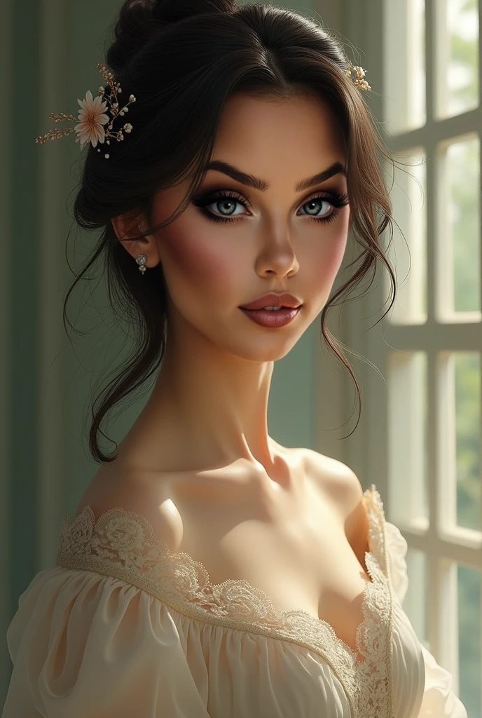 a Brazilian woman with an attractive body named Nágila with amber eyes, very short dark brown curly hair and a traditional wedding dress