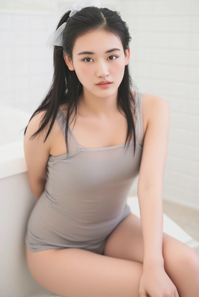 Cute malay girl, 18yo,long hair,curvy body shape , big brest, wet thick lips, flirt eyes,((kneeling)), bokeh, ((upper angle)), wear tank tube, pov,