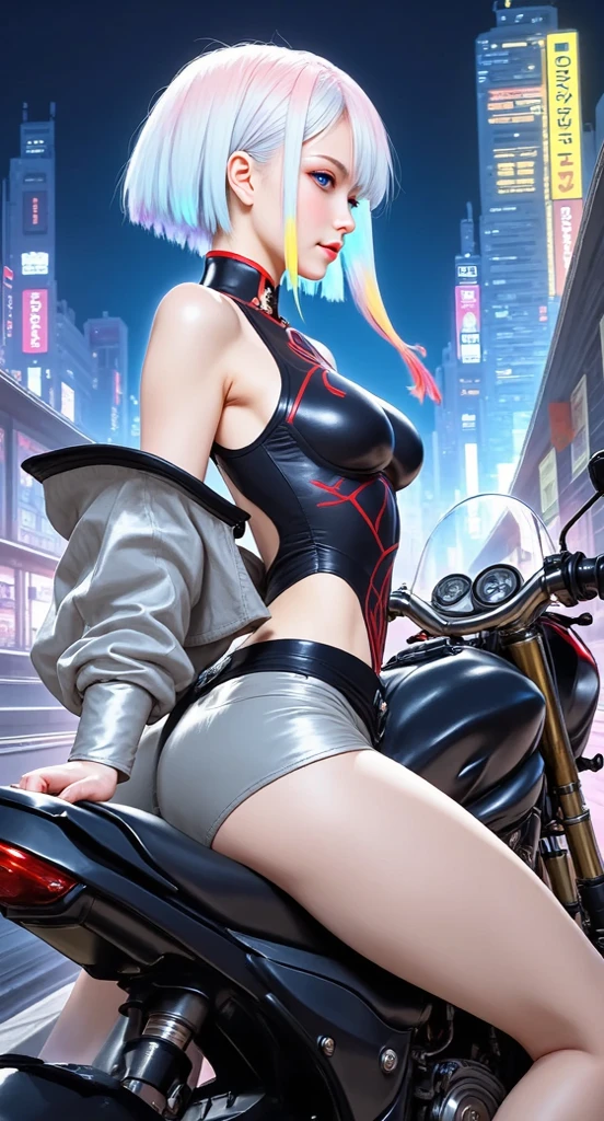 background, mixed-language_text, Japanese letters in graffit, girls, long hair, excellent lighting, high contrast sidelighting, perfect ultimate (flat color: 1.3), (magazine_cover: 1.4), (multicolored_background: 1.3), striped_background, card_background, :: comix style by joe madureira :: circular pieces of white metals glued to the ultra detailed arms coming out sparkling shine, , perfect and detailed, ultra detailed shirt with abstract design and with letter print Japanese in graffit of the sides of clothing, image of girls with big breast, on top of a futuristic motorcycle, with immersive effects, hover effect, background graffiti style tribal tattoo with flowers and vibrant colors, "ultra HDR" detailed and with focus effect, (masterpiece: 1.2, best quality), (beautiful eyes with huge eyelashes finely detailed: 1.2), , ((Solo)), (Finely detailed eyes and detailed face: 1.3), in various full-body attack poses, (cute background: 1.2),futuristic costume, super detailed circular metals Clinging to the arms and pants, fantastic paintings