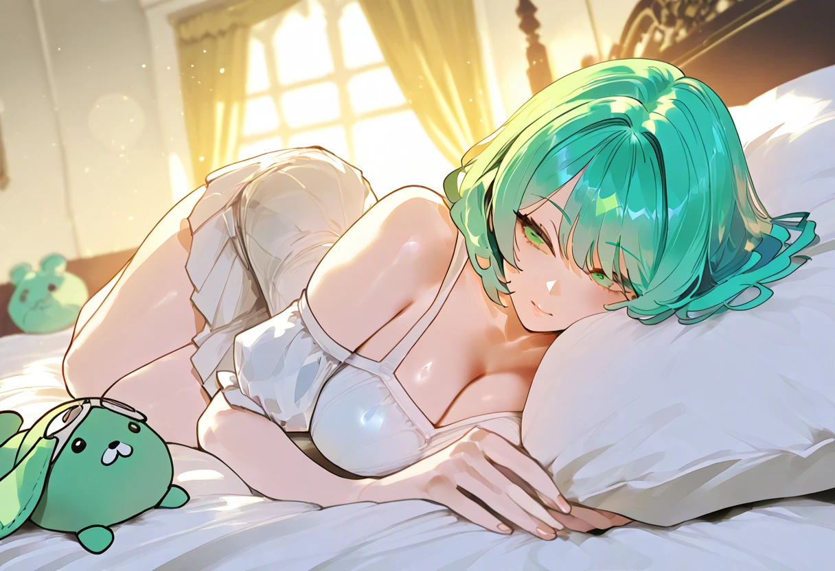Blue-green hair　girl　Blue Eyes　Short Hair　Red panda stuffed toy　Second Dimension　anime　Chivalry　An illustration　vtuber 　Beautiful breasts