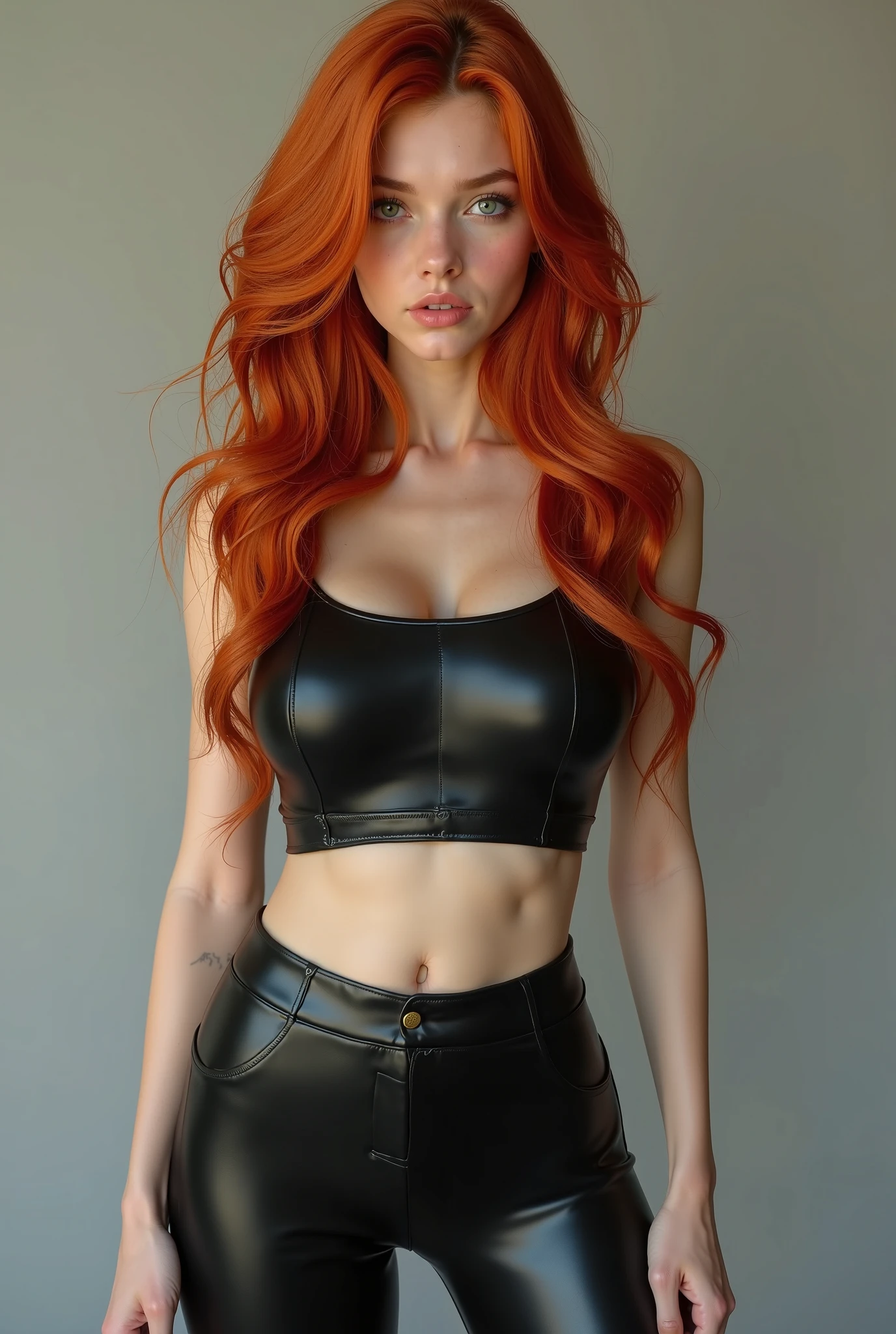 ultra realistic, photography, long red hair, girl, 24 years old, hourglass figure, perfect body, long legs, Flirty look, extremely detailed artgerm, in the style artgerm, small natural breasts, facing the camera, Nikon z fx, lens 35 mm, blur background, wearing a red very lowcut top, wearing black skinny jeans, outside in a park,