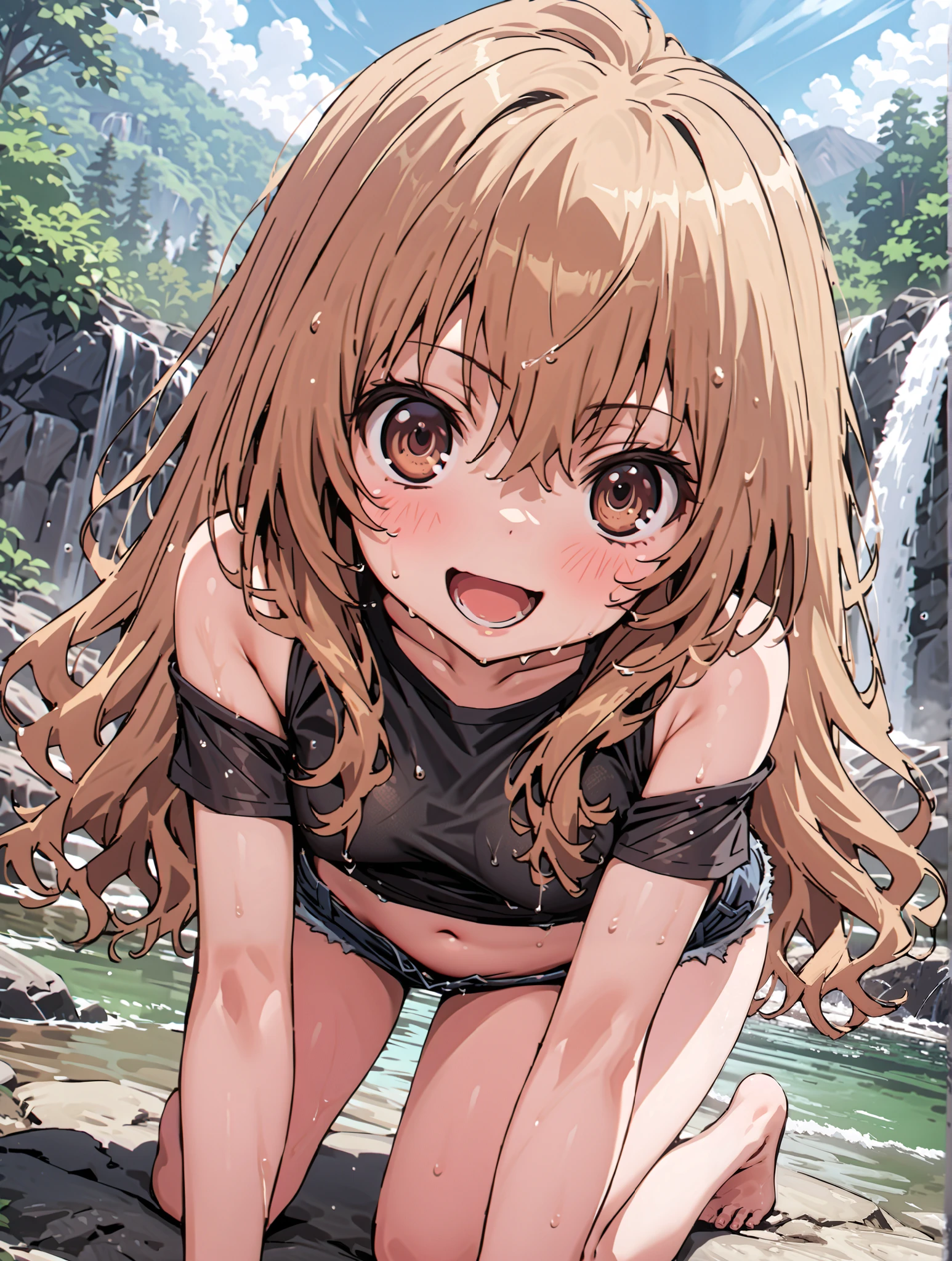 score_9, score_8_up, score_7_up, source_anime,
Taigaisaka, Aisaka Taiga,Alone, long hair, brown hair, brown eyes,ponytail,smile,open your mouth,Black T-shirt,belly button sticking,Tie the hem of the shirt,denim micro shorts,Bare legs,wet skin,wet hair, wet clothes,in line of sight,river,Mountain,forest,waterfall,river遊び, playing in the water,full bodyがイラストに入るように,
break outdoors, nature,
break looking at viewer,full body,
break (masterpiece:1.2),top quality , kampala, Unity 8K Wallpaper ,(shape:0.8),( fine, beautiful eyes :1.6),It's a person ,full body写真,CG Details , (perfect hands with full nudity, complete anatomy),