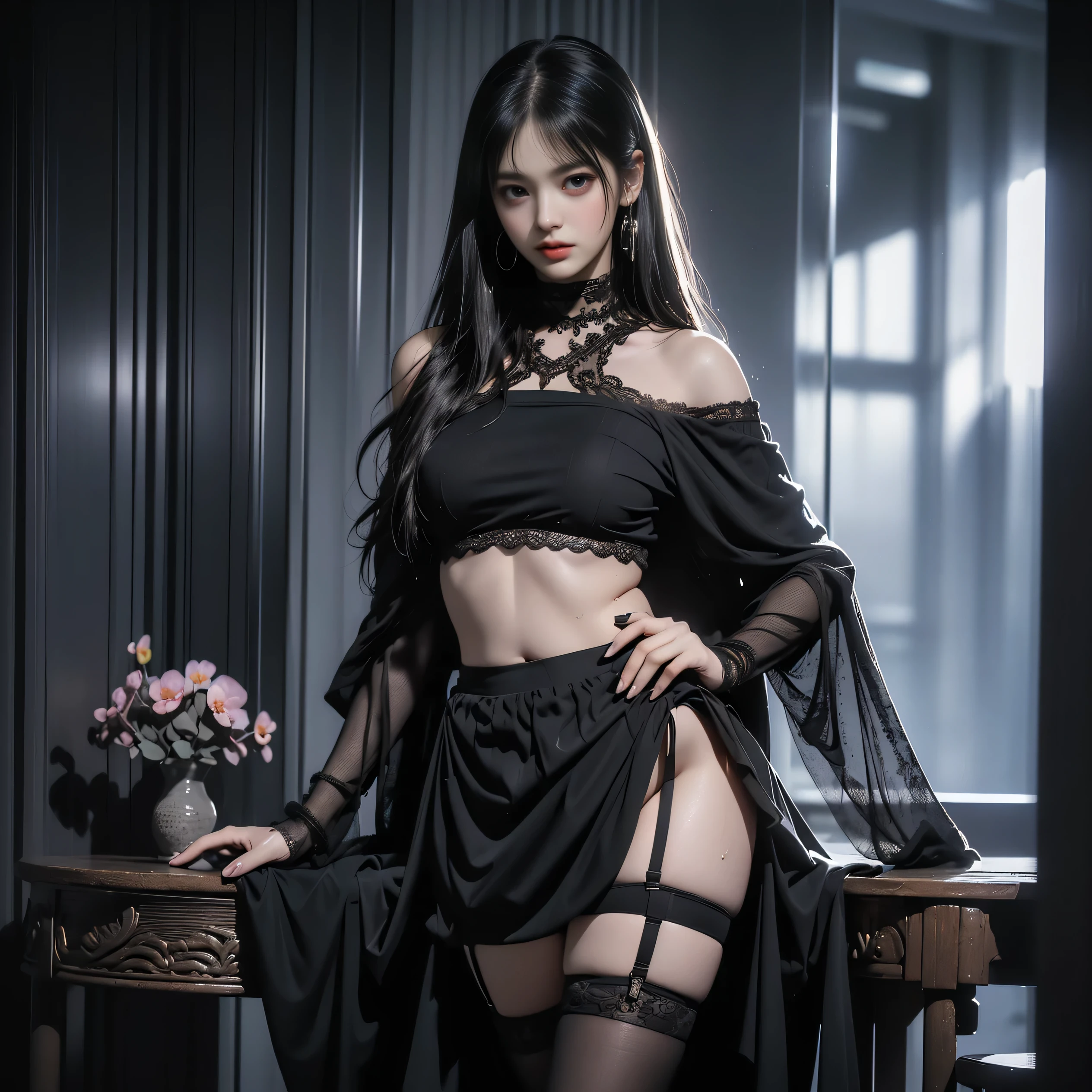 official art, unity 8k wallpaper, ultra detailed, beautiful and aesthetic, Black see-through blouse, Black see-through camisole, Black lace panties, Black lace bra, heavy makeup, masterpiece, best quality, (zentangle, mandala, tangle, entangle), (fractal art:1.3) , 1girl, red flowers, extremely detailed, dynamic angle, cowboy shot, the most beautiful form of chaos, elegant, a brutalist designed, vivid colours, romanticism, atmospheric, takato yamamoto,