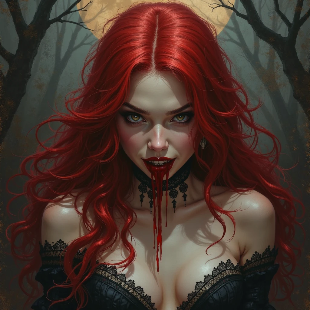 Woman, caucasiana, Eyes red, Red hair, blood witch, profile image, clothing detailed with blood, Blood around, black forest background.