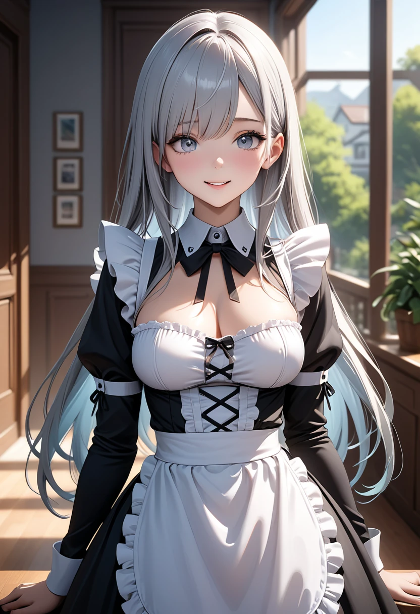 (masterpiece:1.2, top-quality), (realistic, photorealistic:1.4), beautiful illustration, (natural side lighting, movie lighting), nsfw,
looking at viewer, 1 girl, japanese, high school girl, perfect face, cute and symmetrical face, shiny skin,
(long hair:1.5, messy hair:1.2, silver hair), swept bangs, emerald green eyes, drooping eyes, long eye lasher, (large breasts:0.6),
beautiful hair, beautiful face, beautiful detailed eyes, beautiful clavicle, beautiful body, beautiful chest, beautiful thighs, beautiful legs,
((french maid)),
(beautiful scenery), outside flower garden, modern, standing, (lovely smile, upper eyes),