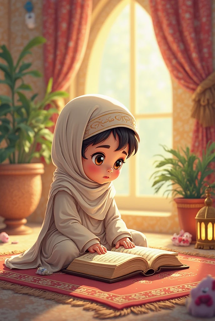 A muslim boy with open eyes looking in the camera with book al quran hand, mosque classic background
