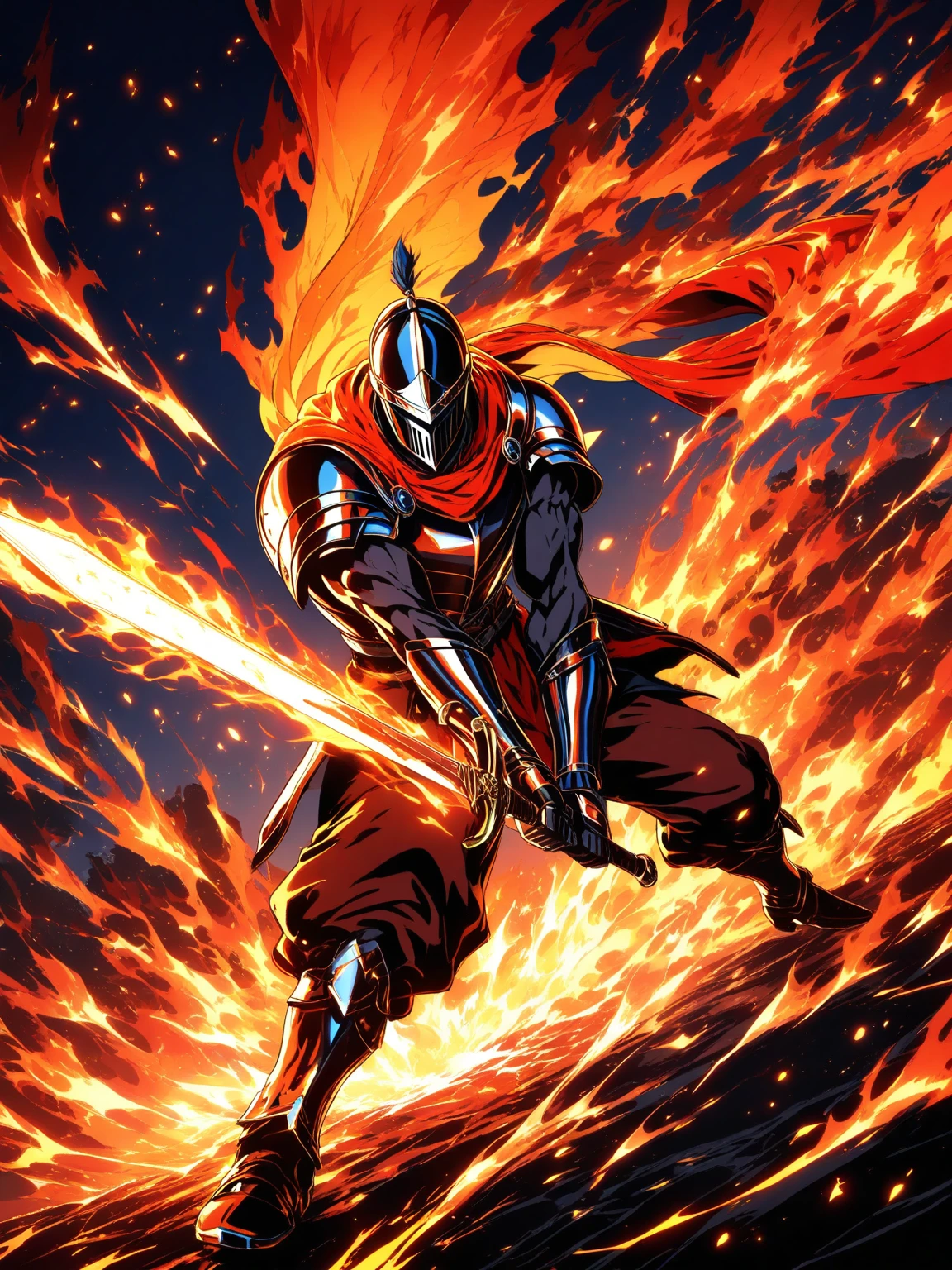 masterpiece, best quality, very aesthetic, 1boy, anime style, muscular build, swordsman, flaming sword, dynamic pose, intense expression, fire effects, glowing embers, detailed armor, flowing cape, battle scene, dramatic lighting, vibrant colors, high contrast, epic composition