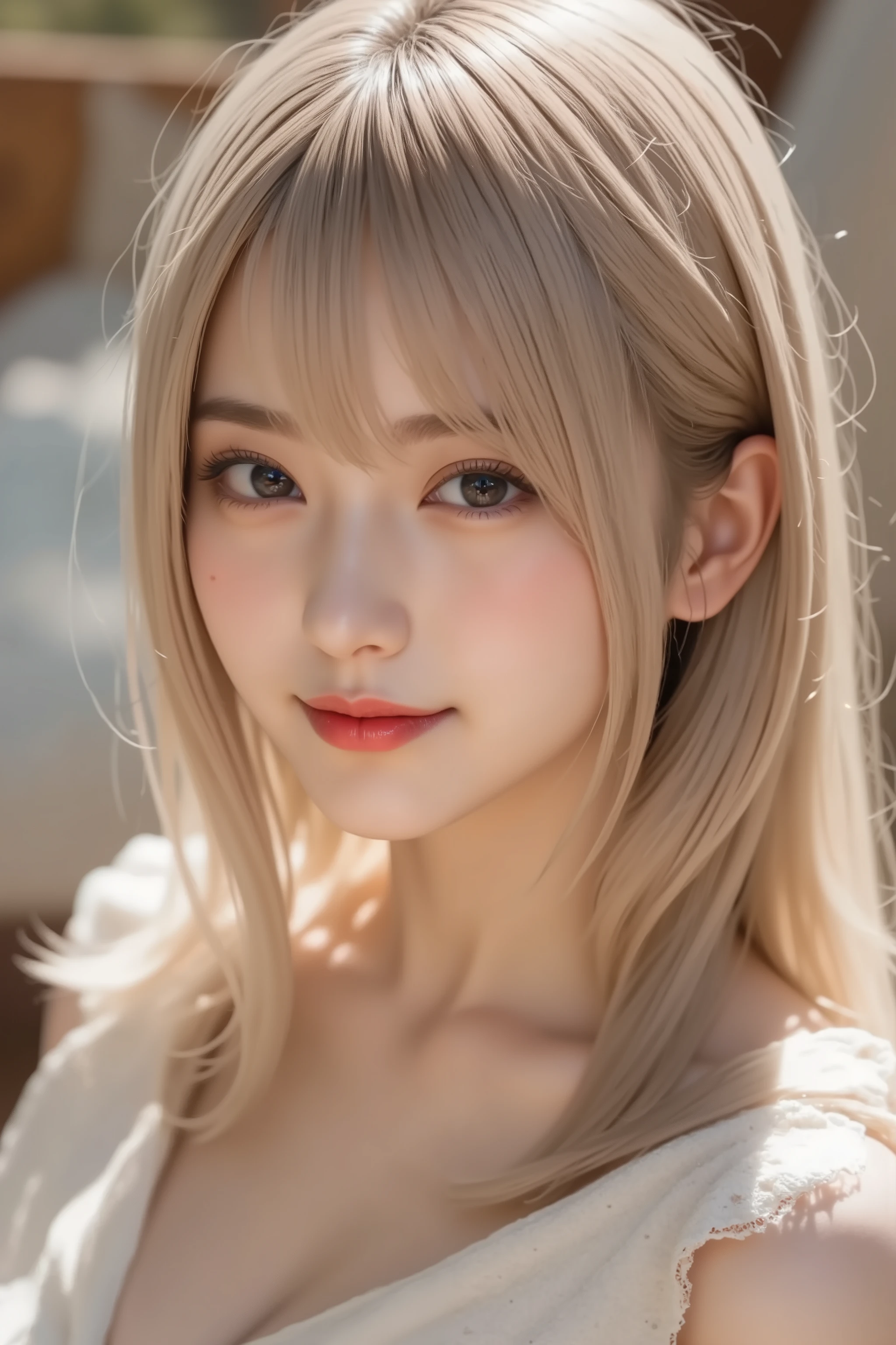 's entire head is fully reflected , The entire face and head are clearly visible, (((( masterpiece, top quality , nothing )))), very detailed 8K , スリムボディの sexyでbeautiful日本の10代の女の子, Super Detail, trend of swallowing sperm and pubic hair , super real , (long hair :1.3) , photos), ( laughing while sitting :1.5), blond with a big face, Small Fly , camera , With a faint smile, (tight big boobs: 1.2), ( beautiful, beautiful顔 , Anatomically Accurate Hand Structure , Anatomically Accurate Finger Structure ,( off-shoulder dress :1.5), Shine, sweat, (sunlight, sunlight from before ),( topless ), to reveal your chest , sexy, blanking, Look up at the sky, (wide々 Royal Gardens :1.3), super real wide大な風景, photos映えするシーナリー , Light on face