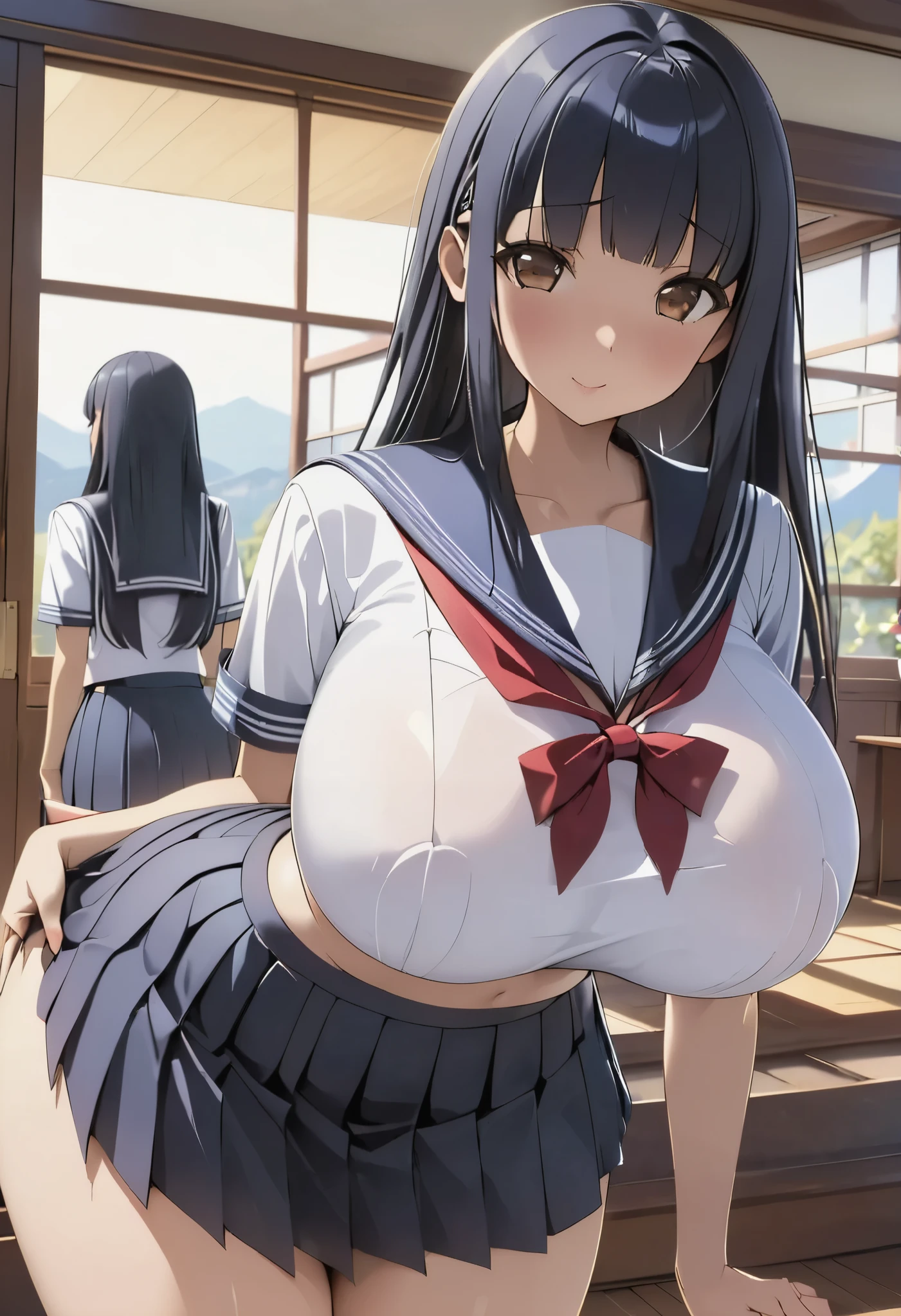 (master piece, best quality, detailed, absurd:1.2), Japanese woman turning her butt k, high school girl, (Long dark blue hair, Boring bangs), beautiful character design, perfect faces, Beautiful Eyes with Attention to Details, brown eyes, provocative face, (school uniforms, sailor skirt), (垂れた huge breasts:1.0), thin waist,  in the living room,  orbital space