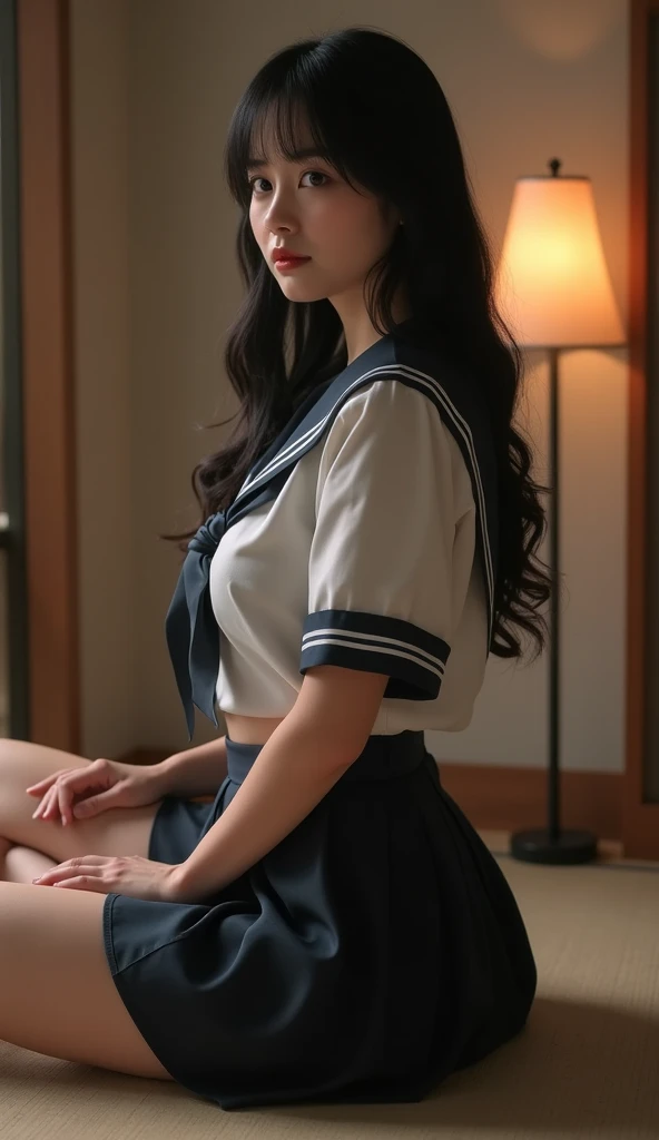 masterpiece, best quality, illustration, Super detailed, fine details, High resolution, 8K,wall paper, perfect dynamic composition,(Details High quality, realistic depiction of eyes:1.3), Black Sailor Uniform, serafuku, Navy pleated skirt, huge breasts, short bob hair, black hair color, Big Natural Color Lip, bold sexy pose, crying a little、 Harajuku style、20 year old girl、cute type、lolita、beautiful legs, hotel room, full body photo、focus on crotch, hposing Gravure Idol