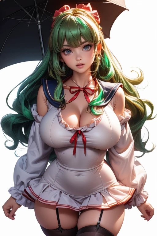 wallpaper 8K, ultra HD, extremely Realistic,, mitsuri's uniform. cute, 26 years old, opened chests, big boobs, , bloody, full body, dancing, green shocks, mountain background, smile face,. detailed face, detailed eyes, look full body from bottom