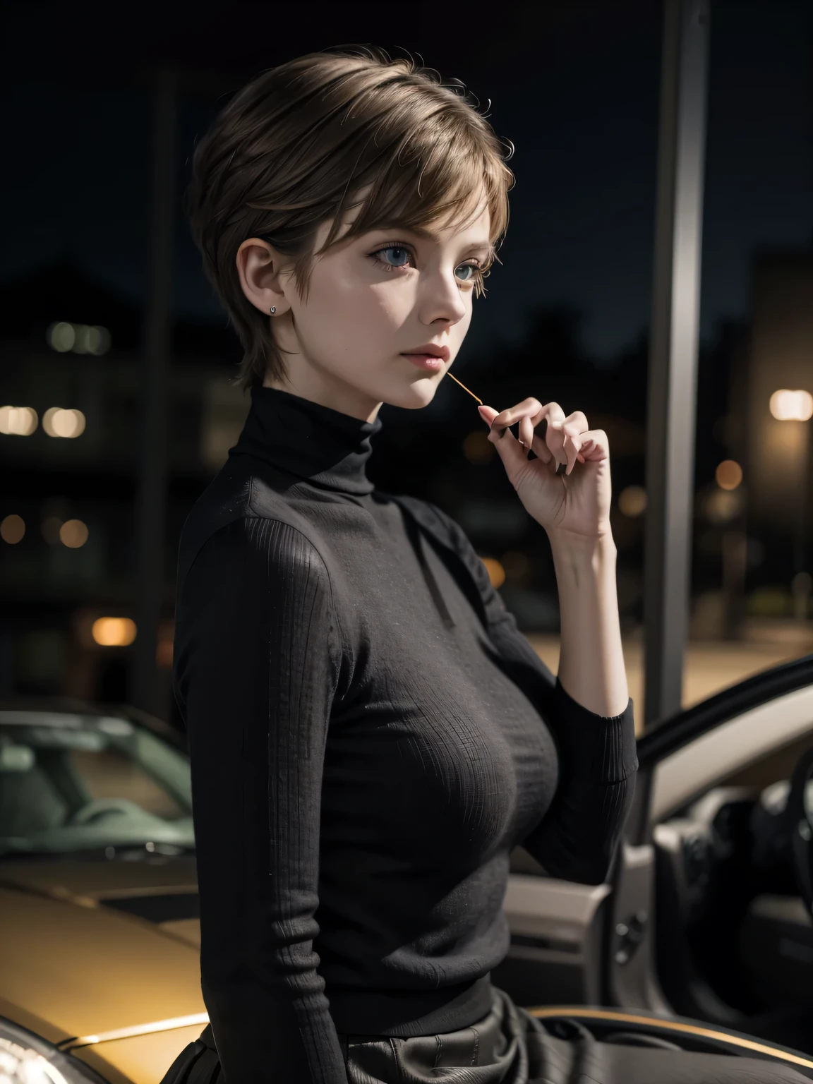 cinematic film still photographed.
Perfect appearance. Top quality. High resolution.
High quality photos. Photos that are in correct focus.
Correct human anatomy. Correct hand shape.
She is a grown woman. She is tall.
Her head is small. Her face is small.
She looks like a fashion model.
She is Young beautiful married woman.
((((Tall)))) adult woman. Serious expression.
Her face looks a lot like that of YouTuber Ella Freya.
Her haircut is a pixie haircut.
Her hair looks like Amara Tenou.
Her hair looks like Audrey Hepburn.
She is wearing a black knit sweater.
turtleneck. polo neck.
She is wearing a Long brown skirt.
Gold earrings. A golden necklace.
She is well dressed.
A woman sitting in the passenger seat of a car.
Outside the car is downtown at night.
((Side view)).
Only one. ((one woman)).
A cool expression. A listless expression.
A gloomy expression. A slight smile.
((((Night)))). A very ((dark room)).
