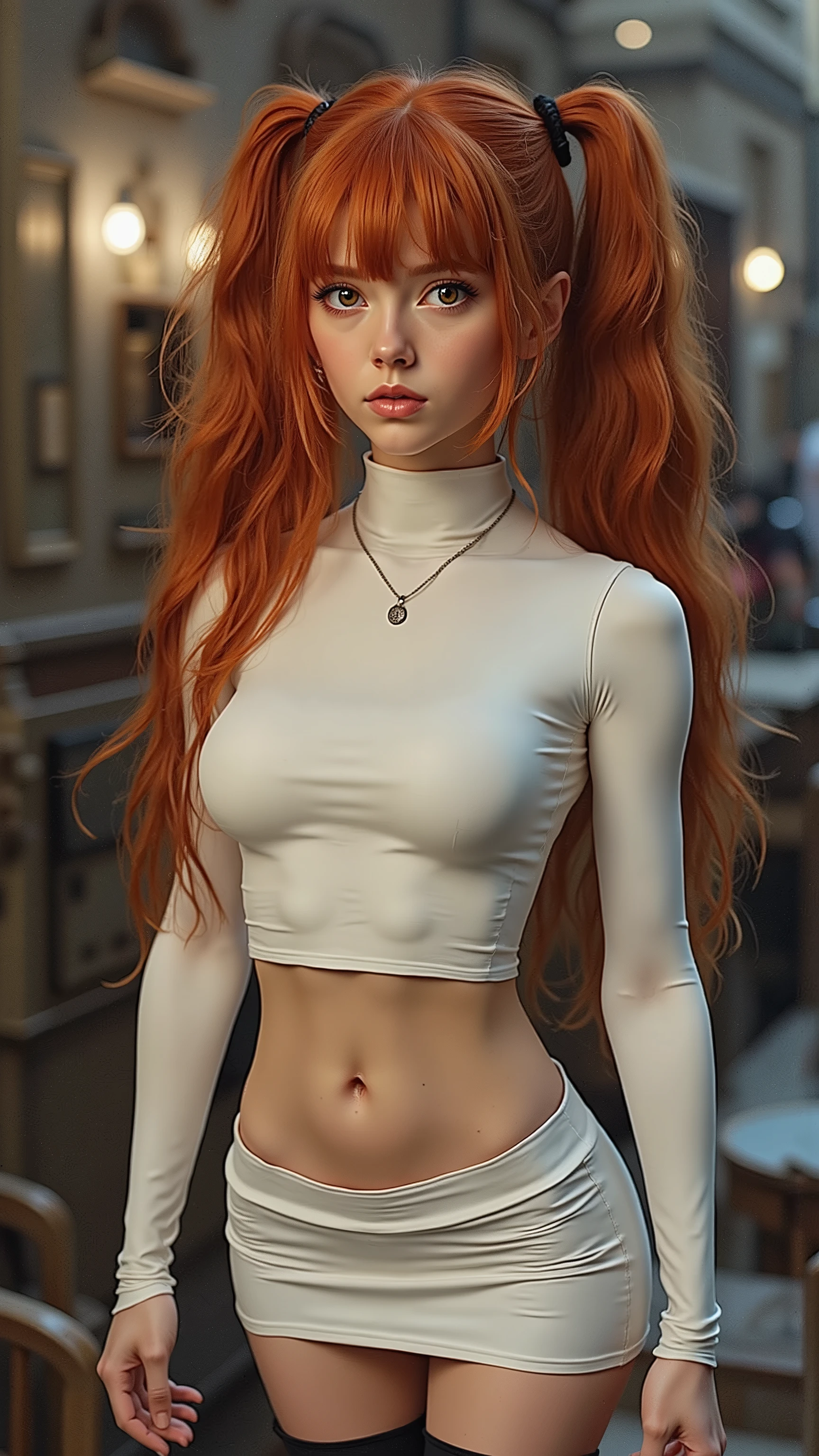 ultra realitic cinematic photo masterpiece, Highest quality, One young girl , alone, Are standing, Lips parted, Redhead, Twin tails, extremly long ginger hair, Yellow Eyes, Hair Scrunchie, smalll perky breasts, View your viewers, White skintight cropped Latex Croptop, Latex cropped top showing navel, navel percing, tight abs. ripped abs, toned abs, super skinny sli waist, White skintight micro skirt, Long black silk sockings, skin tight Turtleneck sweater, small perky breasts, Covered nipples,