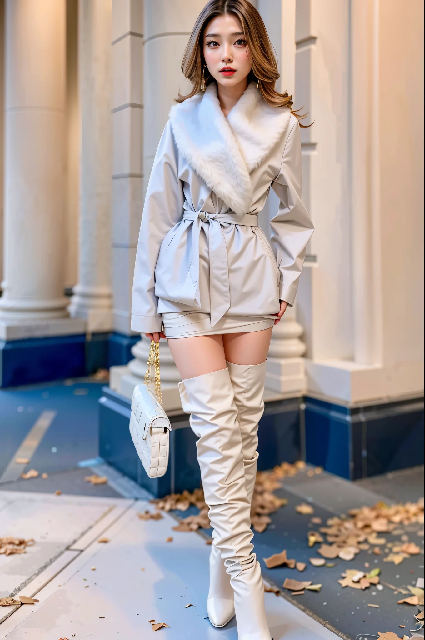 white hair,short-hair,Shaggy,coat,thigh high boots,a miniskirt,femele ,独奏,Muchimuchi