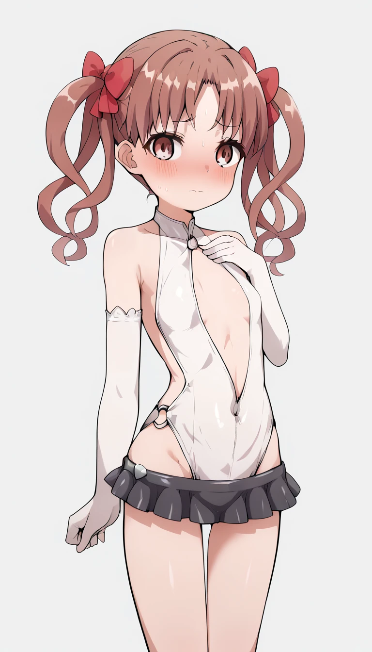 (Shiny),(Highest quality),(8k),See-through crotch area,Transparent Mansuji,Shape of the crotch area,Nihil,pink rimmed glasses,Shiny股間部,Shiny太腿,smile,Shiny bodysuit,Shinyシースルーボディスーツ,Latex suit,Beige chest,Transparent see-through chest,beige sheer crotch,Pink accents,Dark beige bodysuit,Brown Hair,Pink accessories,An anime girl with large breasts sitting on a chair with her chest exposed, Biomechanical Boobs, BoobsCyberpunk, White color see-through Asuka suit!, Makinami, High resolution consignment,