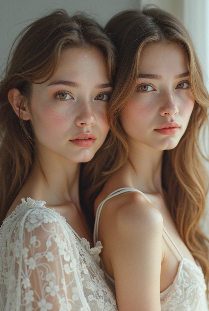 (2 girls:1.3), (Ultra real), (Highly detailed eyes, Long, highly detailed golden hair, Highly detailed face, Full, full lips Belarus, very relevant), Naked, (Off shoulder), The breasts are small, Upper body, Look for a smile, (Best quality:1.4), Raw images, (real, photo-real:1.37), Professional photography, Cinematic light,