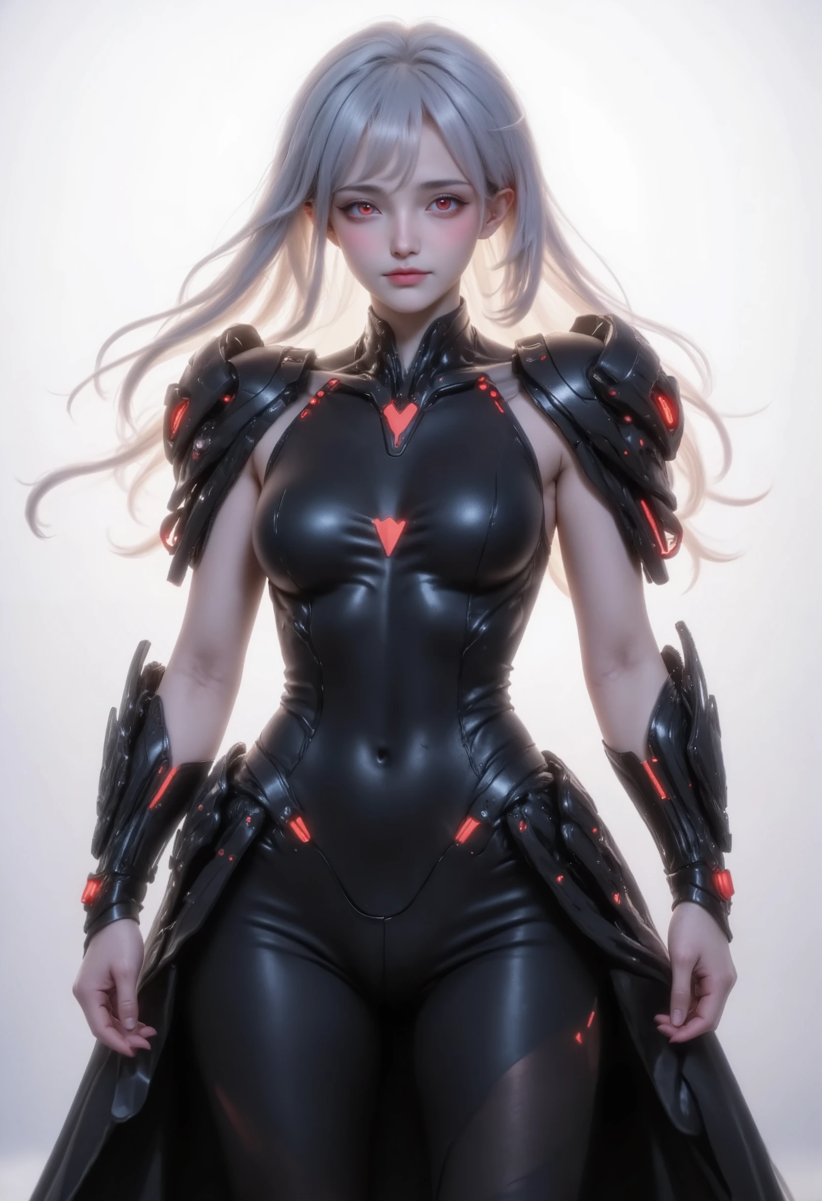 Create an anime-style character with long white hair and red eyes. The character is wearing a sleek black full body catsuit and long black sleek long half skirt. Costume has dark red accents on the shoulders armor and red led on armor. The outfit has a modern design, featuring a high collar. The character has a confident stance, standing with hands relaxed, looking viewer. The background should be plain white to emphasize the character. the wind made her hair and flap of her skirt flutter. Cool, cold emotion. full body image