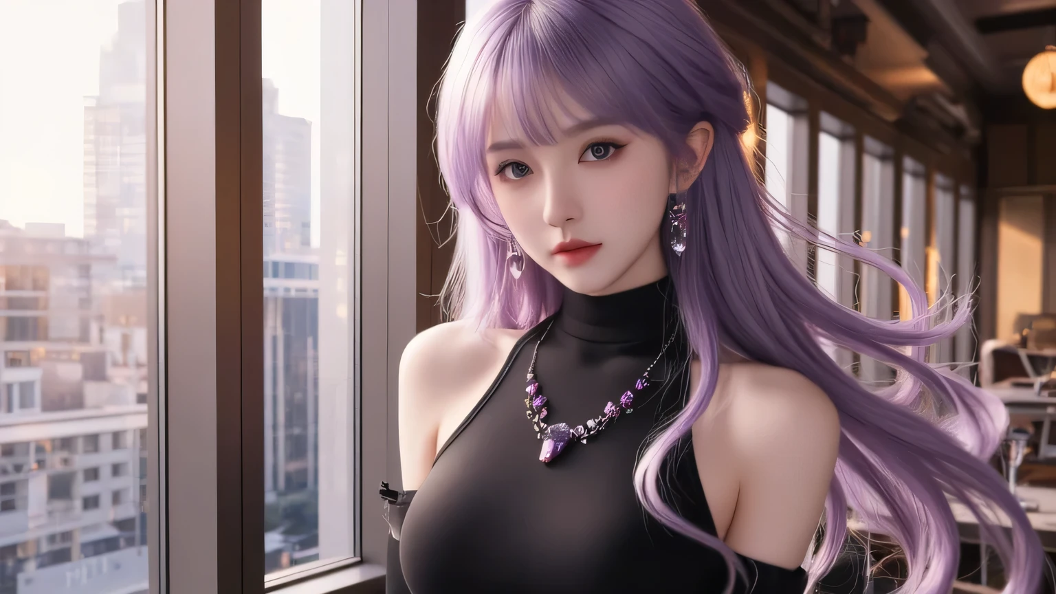 Masterpiece, Best Quality, Top Quality, Very Detailed, A breathtaking anime-style illustration of a mysterious woman with long, flowing purple hair that shimmers under the soft daylight. She has striking violet eyes, partially hidden by her bangs, giving her an enigmatic aura. She wears a sleek black high-neck dress with elegant, geometric purple gemstone earrings and a matching necklace. The background showcases a modern high-rise cityscape seen through large glass windows, with warm sunlight casting soft reflections on the panels. Hanging lanterns create a cozy yet luxurious atmosphere, enhancing the blend of sophistication and mystery in her expression.