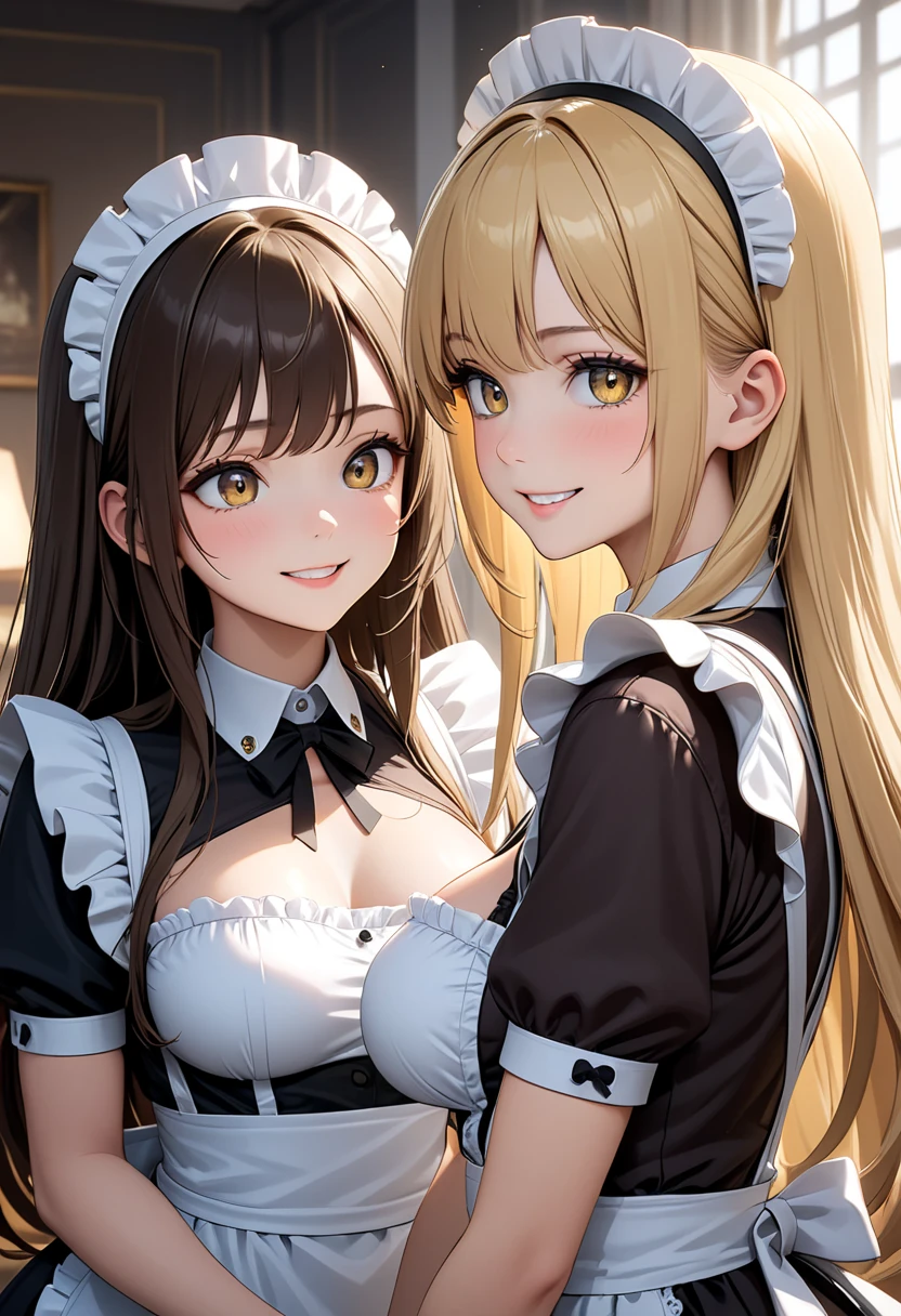 ((highest quality、High resolution))、(((2girls))), Portrait、Beautiful girl、Perfect body、beautiful ample breasts、Nipples、Long blonde、Maid、Embarrassed、((Lift up your skirt and show your pussy、I'm inviting you to have sex))、Love juice