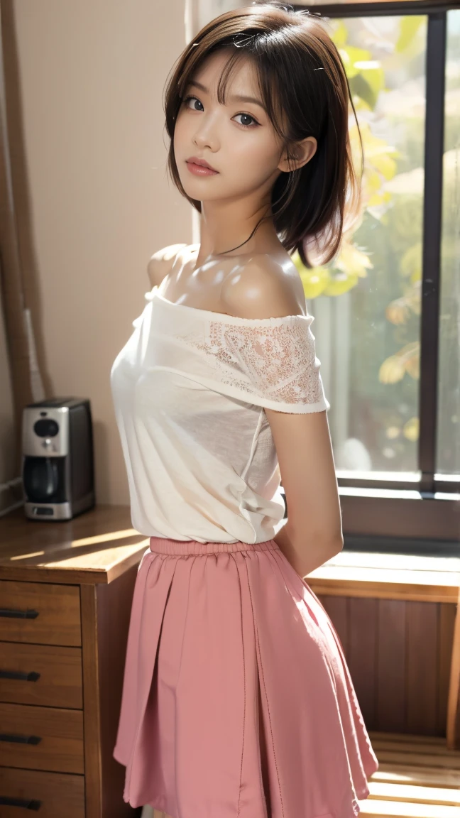 portrait, 8K, high quality, realistic photo images, 39 years old, japanese woman, neat married woman, 、 young proprietress of an inn、 Reproduces natural and realistic eyes, , short hair、black hair, light makeup, wrinkles around the eyes、laughter、golden ratio composition, smile,Attire for inn employees, 4k, high quality, realistic photo images, japanese woman, Japanese face, Bulge of the bust、nippleの形が出ている、lift the skirt、nipple、Beautiful bust on all fours、cleavage、light makeup, , neat beauty, mature woman, short sleeve clothes for work, mini skirt、手でlift the skirt、Skirt flip、Skirt flip、Flip up the skirt with your hands、薄いShow small panties、 Show small panties、show thin panties、panties are visible、Japanese-style room at a hot spring ryokan、The futon is laid out、Inn work、Welcome customers、