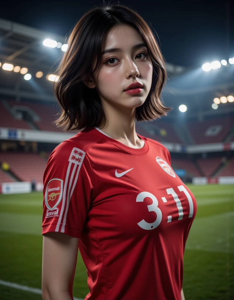 1girl,realistic player football koreangirl age 17,beautiful realistic face,Gently smiling detailed expresision,sexy,he tall,super big breast,(P cup),sexy girl pose photos,realistic girl sexy, Arsenal number 10 player football girl uniform,full body wet,in field,stand straight up, long black hair wet