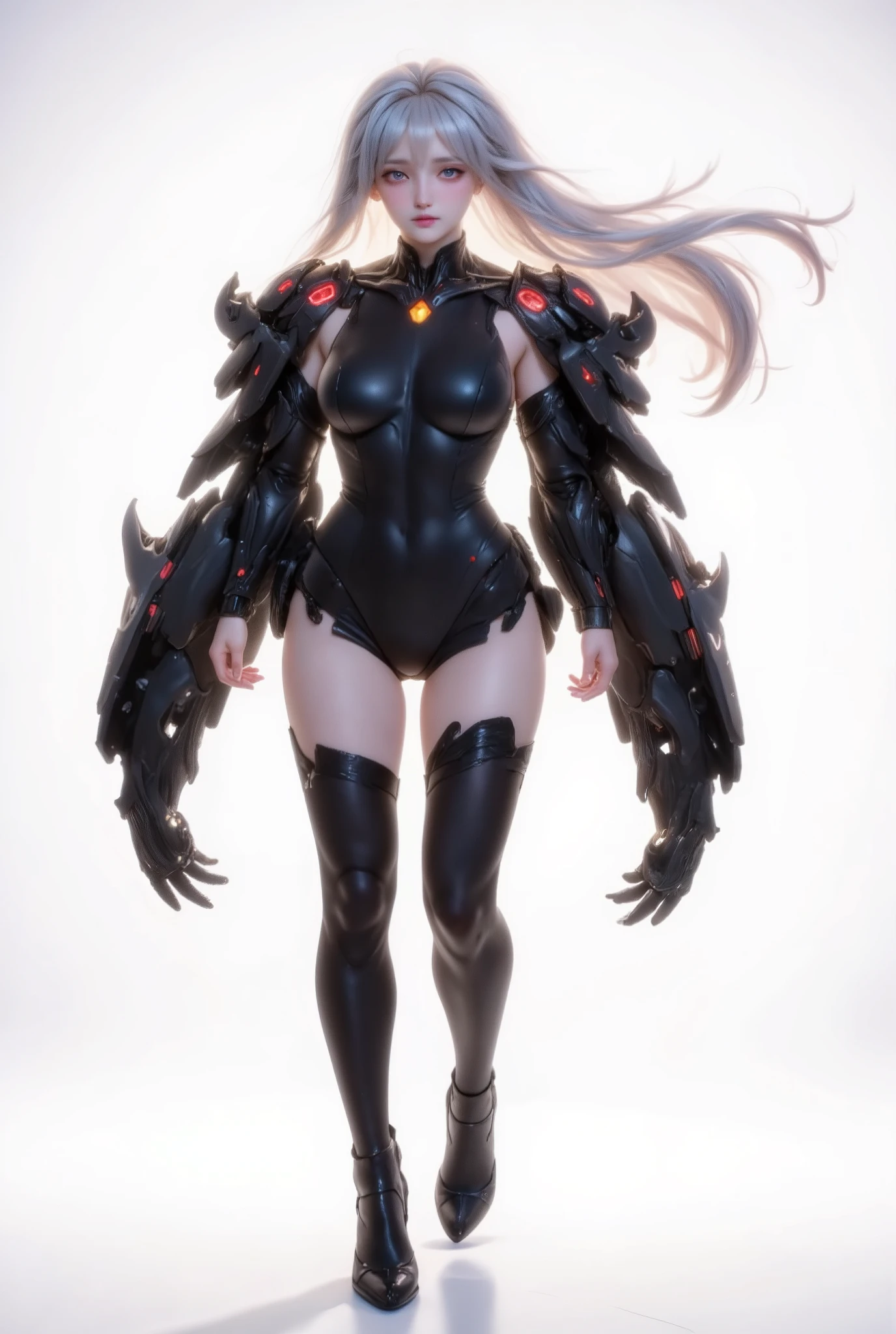 ((((masterpiece, best quality, high resolution)))), (1girl:1.5), ((short hair, white hair, red eyes, sharp eyes)), (average breasts:1.2), blush, (cheeky smile, parted lips), glow, thighs, bare shoulders, collarbone, narrow waist, (slender body figure), (beautiful detailed face, beautiful detailed eyes), ((OrigFullArm, full armed, cape, mechanical armor, highleg leotard, Origleotard, thighhighs)), (standing up), looking at viewer