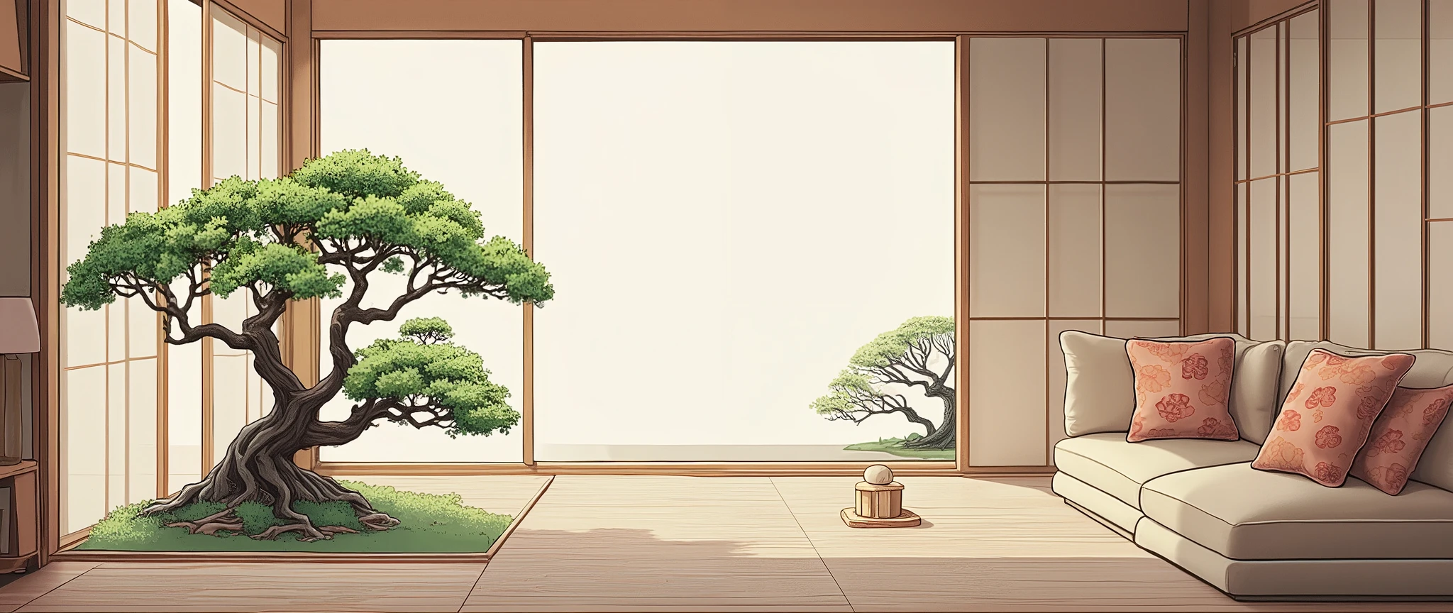 illustration in soft colors predominating , minimalism of a Japanese style living room with window to see the minimalist Japanese garden with bonsai trees, the stage evokes energy and elegance