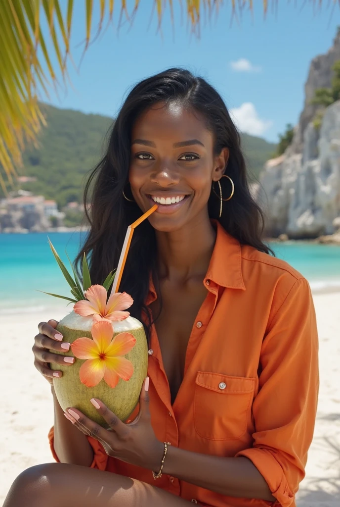 Beautiful Angolan woman、Facing forward、Staring straight ahead、Ecstatic expression、With an erotic look、1 peeled banana、Eating erotically with open mouth。In the background are famous Angolan tourist sites
