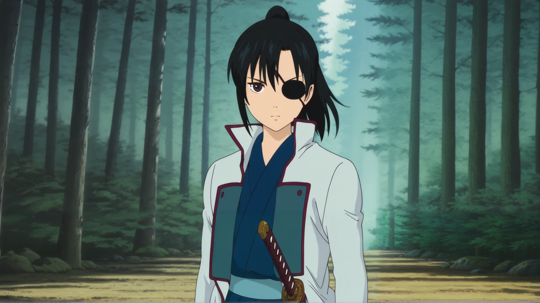 Ghibli_style, masterpiece, best quality, absurdres, detailed skin, detailed eyes, detailed face, anime colored, anime screencap, anime colored,
1 girl, solo, kyubei, japanese clothes, katana,
looking at viewer, serious, katana, cowboy shot,
(((forest background))),