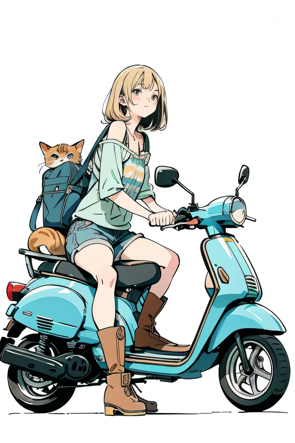  beautiful anime-style illustrations  .   A brown-striped cat is sleeping on a pale blue scooter seat.   A blonde woman is crouching beside her scooter  , Staring at the cat.   The woman is wearing a green off-shoulder top  , Denim shorts and brown boots.    background is pale blue   ,  It gives the illustration a simple and clean impression  . The overall color scheme is soft  ,   Creates a warm atmosphere  .