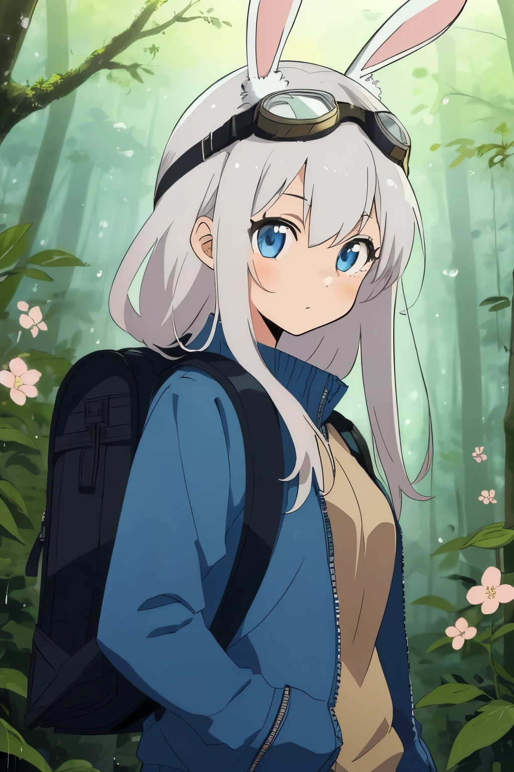 (best-quality:0.8), perfect anime illustration, 1girl, solo, long white hair, cyborg, (bunny ears, goggles on head, blue jacket, wearing a small backpack, hiking through a forest), mecha, automaton, creature, plant sprout, blossoms, raindrops, spring, magic, (close up), advntr