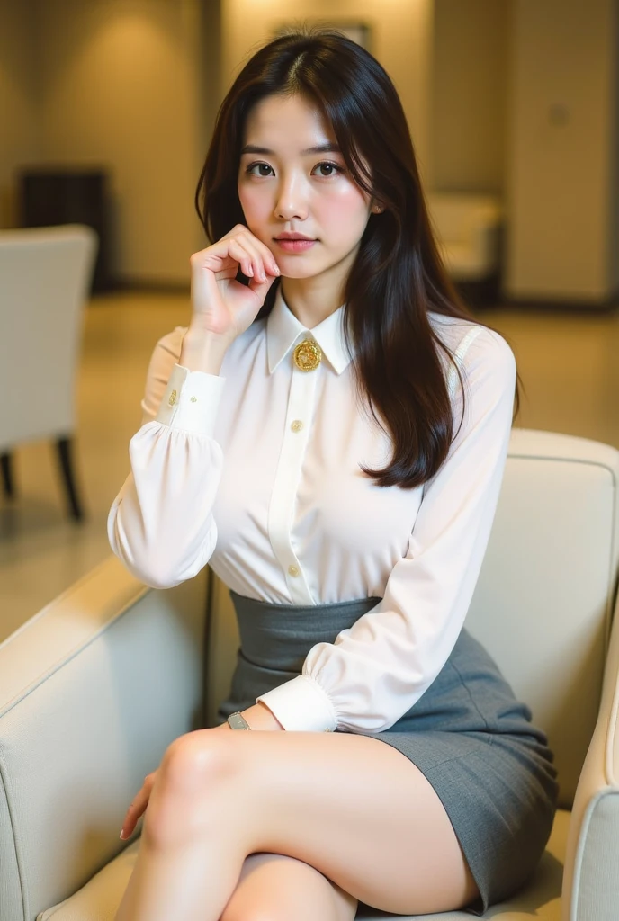 top-quality、masterpiece、超A high resolution、(realisitic:1.4)、Bautiful Women1、Beautiful detail eyes and skin、smile、Light brown middle-cut hair, She is Wearing a shirt and red suit, gorgeous chinese model, photo of slim girl model, IG-Modell, beautiful female model, 24, 24 years old, shirt and red suit, white skin, long-sleeved shirt, office, sitting on the chair in office room, a laptop, women's red trousers