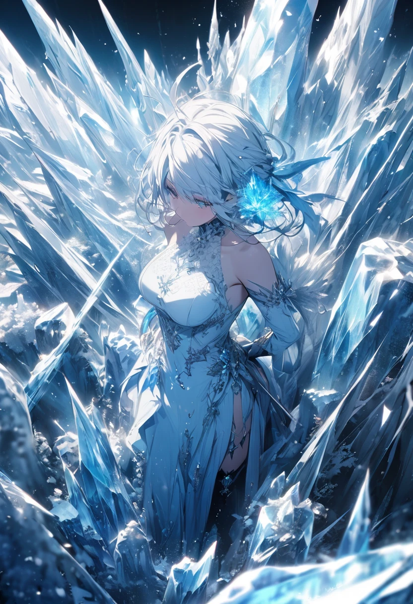 Woman with short white hair, pale skin, white eyes, ice white dress, background with ice and snow, ice and snow around. body circuit tattoos.