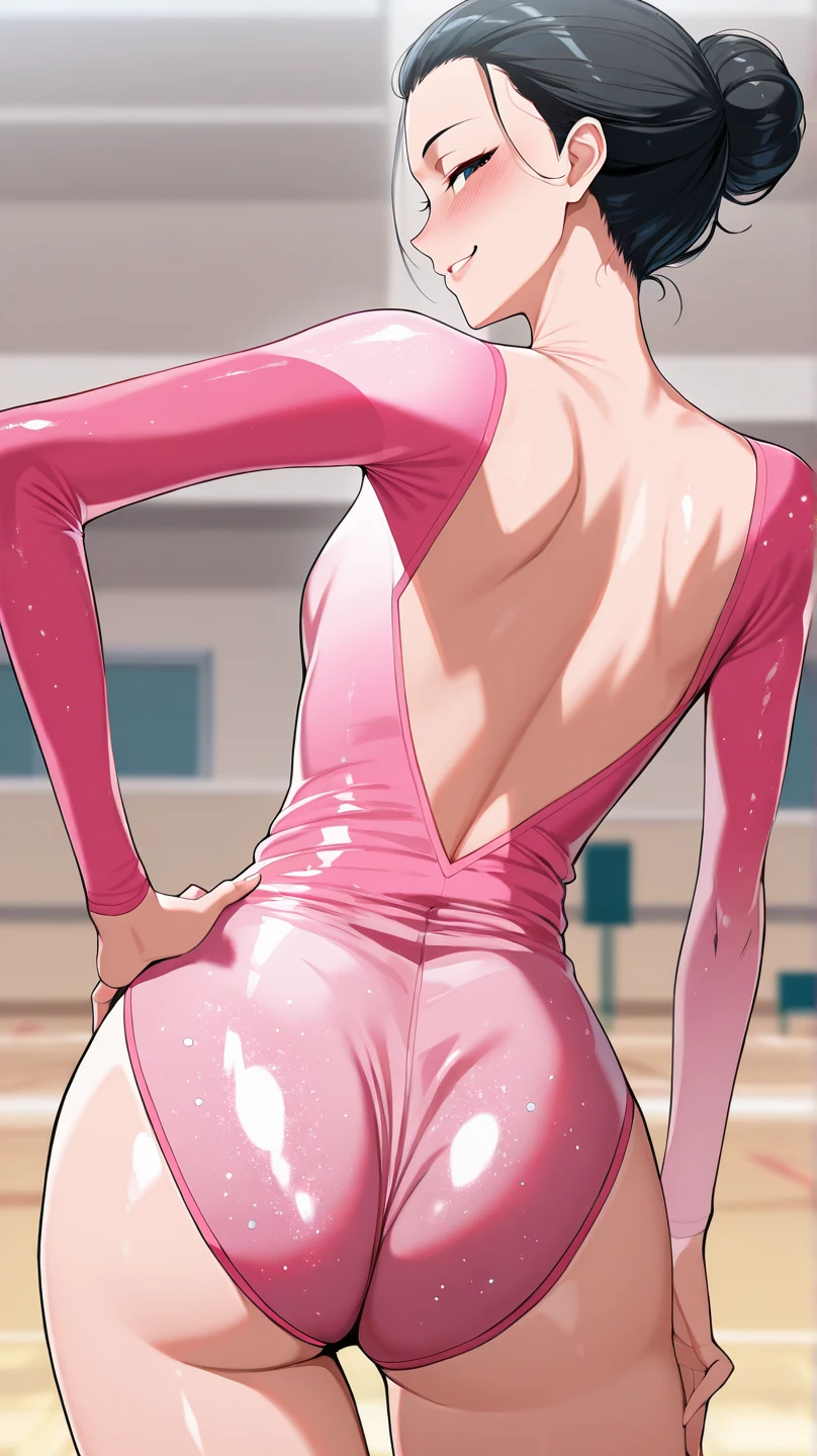 Allalin in pink leotard lying on pink surface, bubblegum body, Pink body, an anime girl, smooth pink skin, pink iconic characters, pink twintail hair and cyan eyes, photorealistic anime girl render, realistic anime, rendered in sfm, pink girl, comic strip, some pink, Pink skin