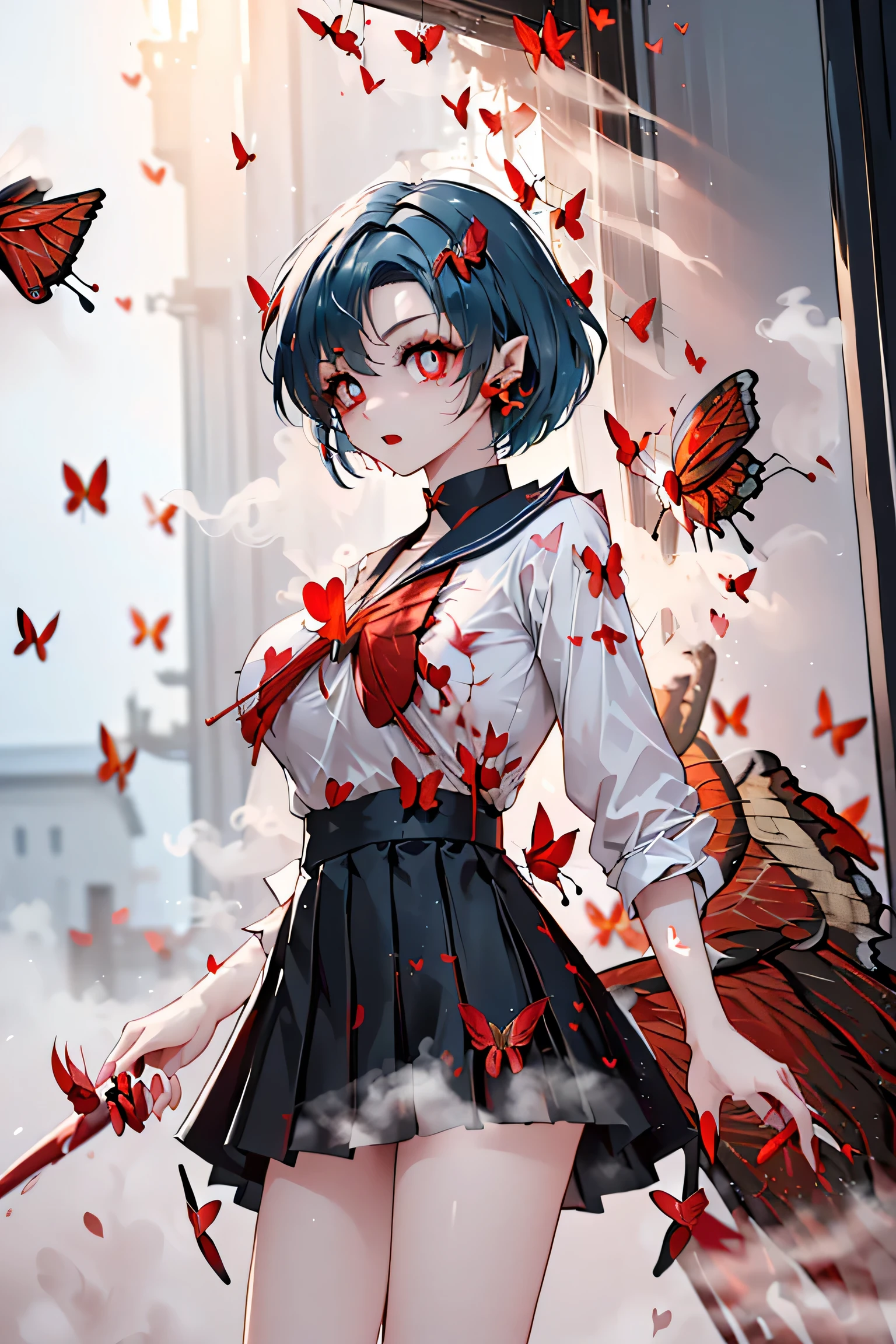 high quality, High Resolution, Dark Fantasy Art 。
Sailor Mercury, the warrior of justice who was abducted by an enemy organization and brainwashed、She turned into a vampire and became an executive in an enemy organization。
( with bright red eyes、Her big, imagine a vertically slender , Jet-black pupils.:1.4)、( black sailor suit and skirt)、(the tips of my blue hair were stained red like blood:1.3)、( Sharp red claws )、( Xu々 changes to an ecstatic expression )。(white, soft thighs)、
She attacks her former friend's headquarters, but is surrounded by her companions and has nowhere to escape。when her former friends try to shoot her、(Her body changed into countless fine red butterflies、It fades away like fog:1.9)
