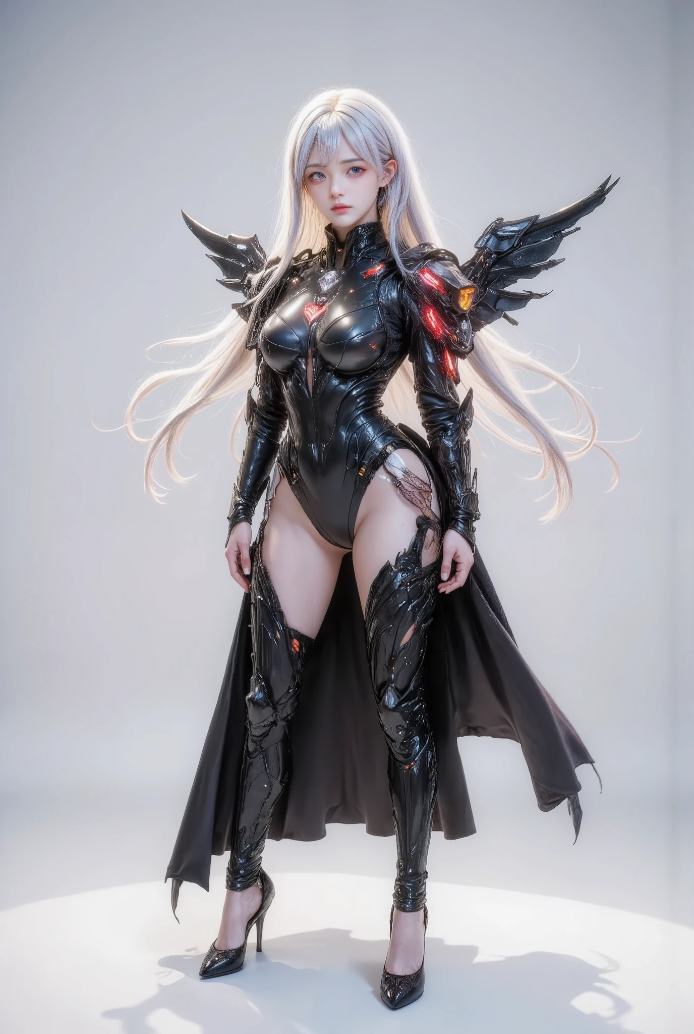 Create an anime-style character with long white hair and red eyes. The character is wearing a sleek black full body catsuit and long black sleek long half skirt. Costume has dark red accents on the shoulders armor and red led on armor. The outfit has a modern design, featuring a high collar. The character has a confident stance, standing with hands relaxed, looking viewer. The background should be plain white to emphasize the character. the wind made her hair and flap of her skirt flutter. Cool, cold emotion. full body image. She has two black futuristic mechanical wings on her back and wear high heels attached to her catsuit